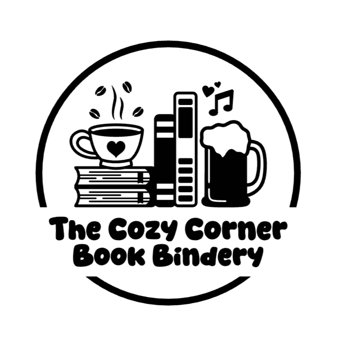 Logo for The Cozy Corner Book & Coffee Shop featuring a coffee mug and a book with a transparent background