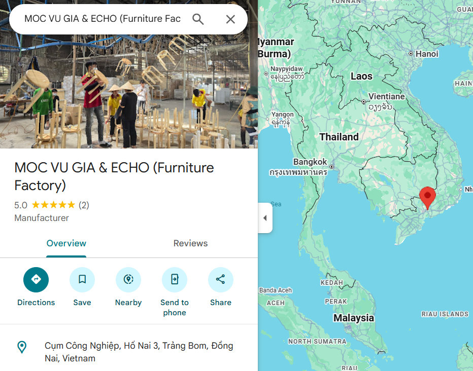 Photo of a furniture factory with workers assembling wooden chairs, some wearing traditional conical hats, in Vietnam.
