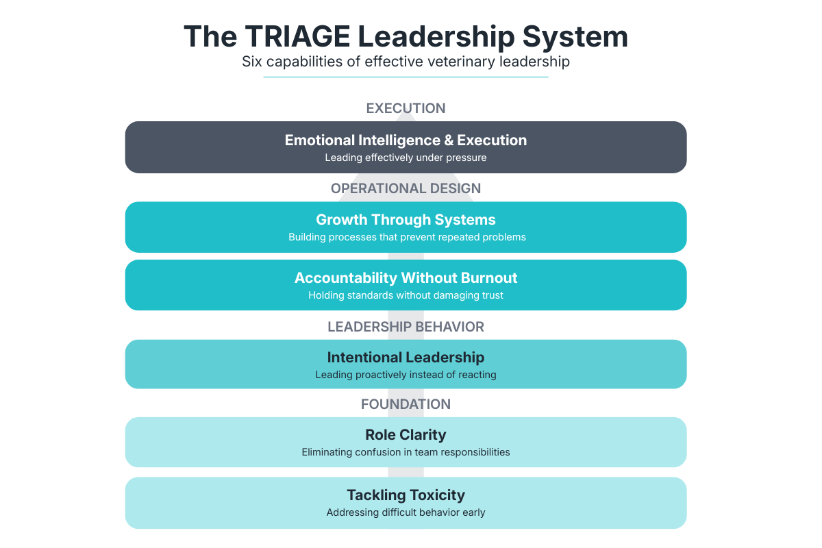 Diagram of the TRIAGE Leadership System with six capabilities: Emotional Intelligence & Execution, Growth Through Systems, Accountability Without Burnout, Intentional Leadership, Role Clarity, and Tackling Toxicity.