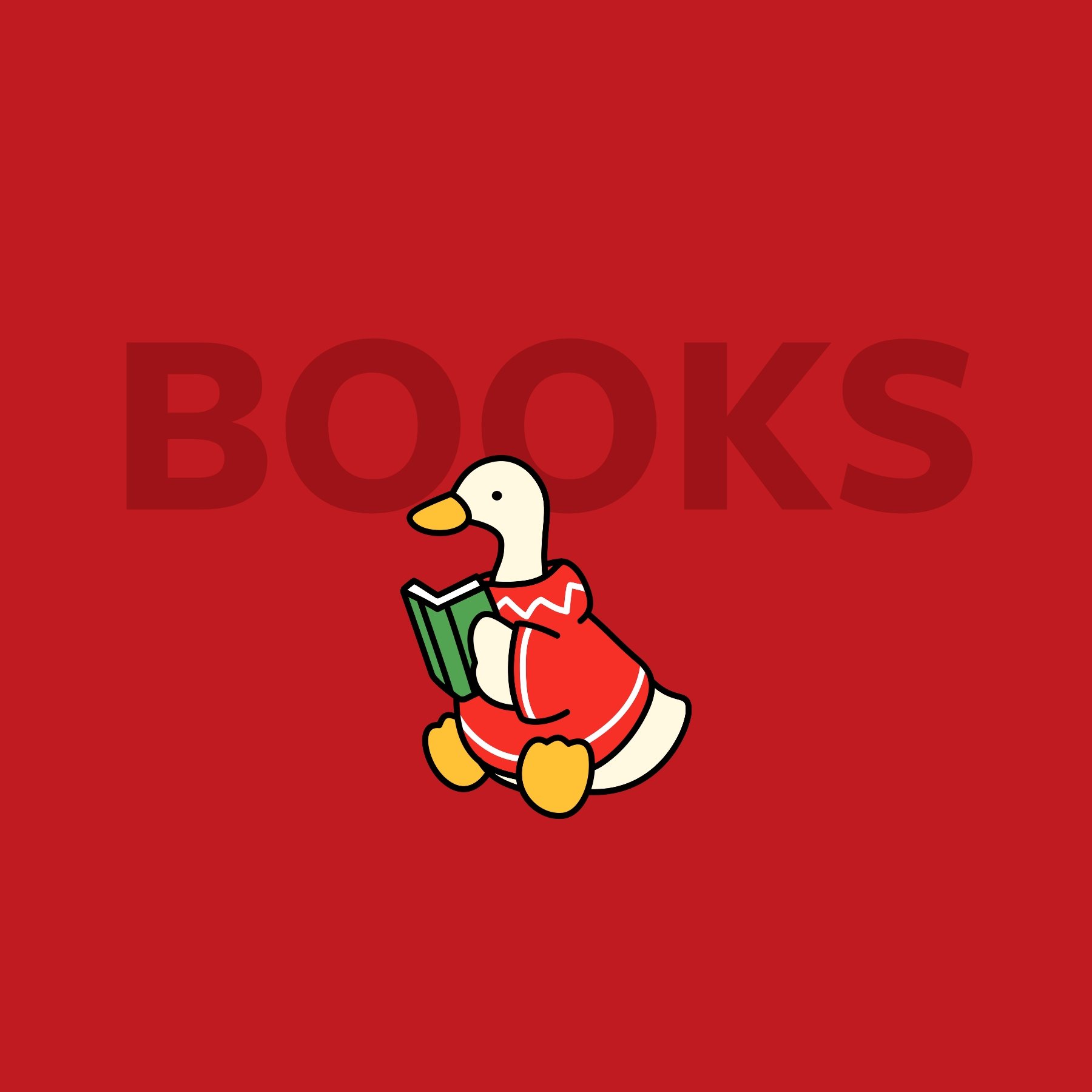 Cartoon goose in a red sweater reading a green book, with the word 'BOOKS' in large, faint letters in the background on a solid red backdrop.