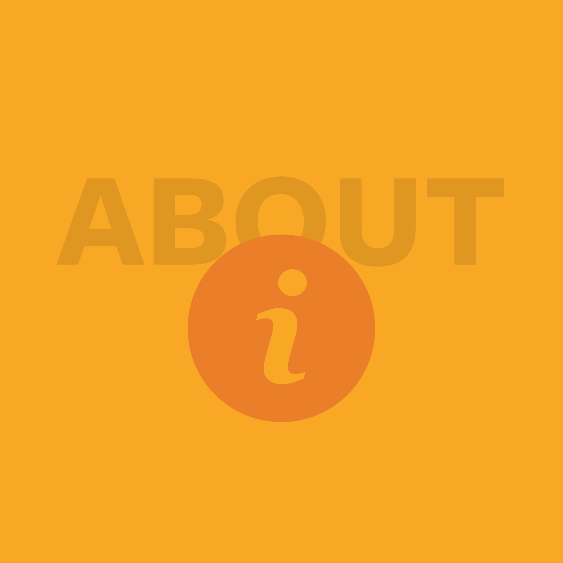 Orange background with the text 'ABOUT' in faint orange text and a large orange circle containing a yellow lowercase 'i' in the center.
