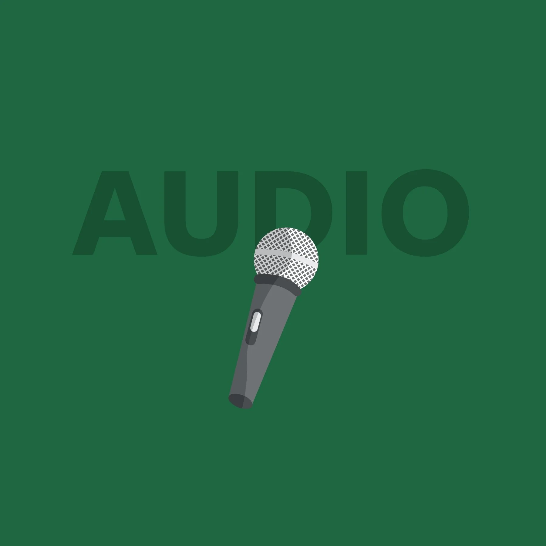 Green background with a microphone in the foreground and the word 'AUDIO' in large, faint dark green letters in the background.