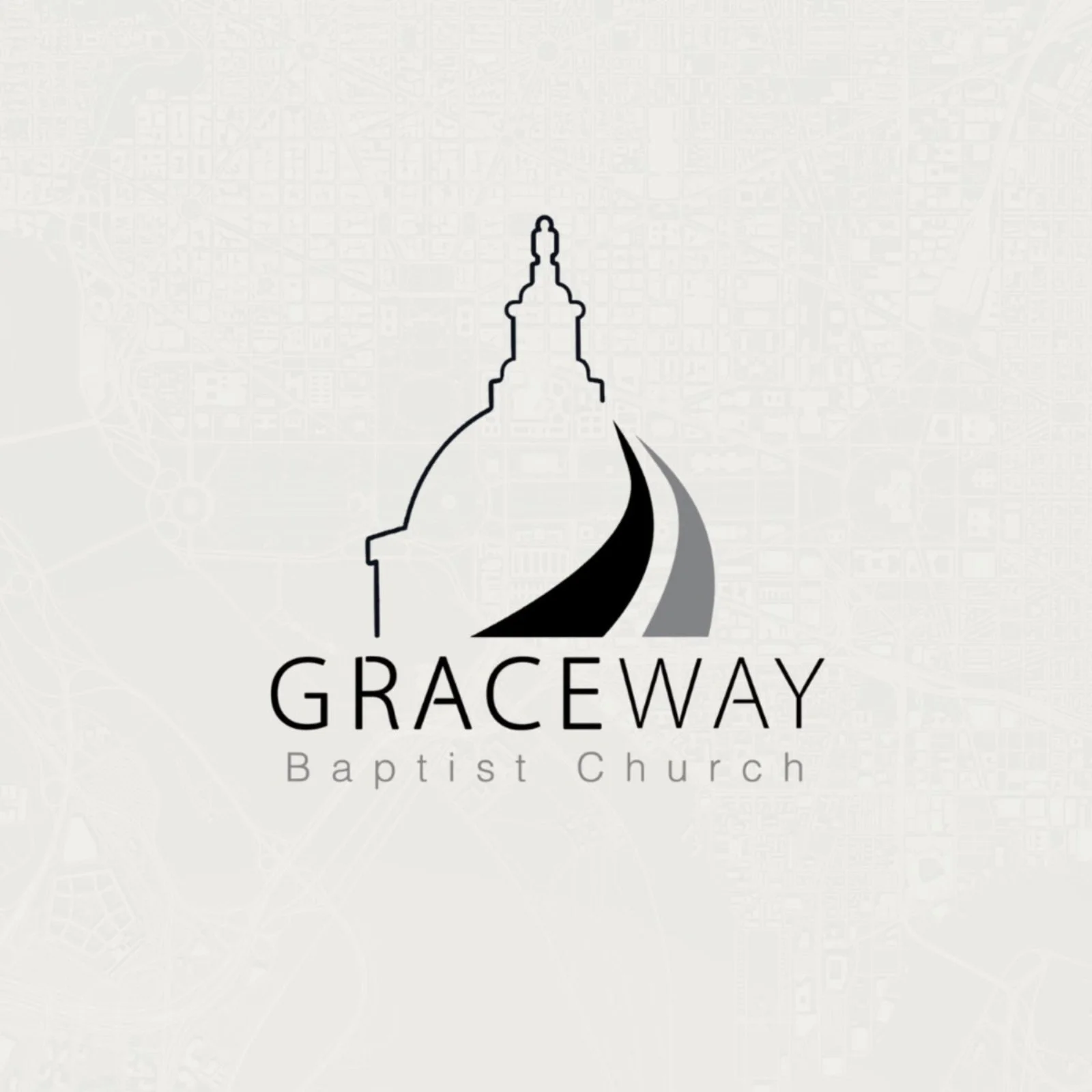 Logo for Graceway Baptist Church featuring a stylized illustration of a dome and steeple of a church building with a curved road leading to it, in black, white, and shades of gray, with the text 'GRACEWAY Baptist Church' below.