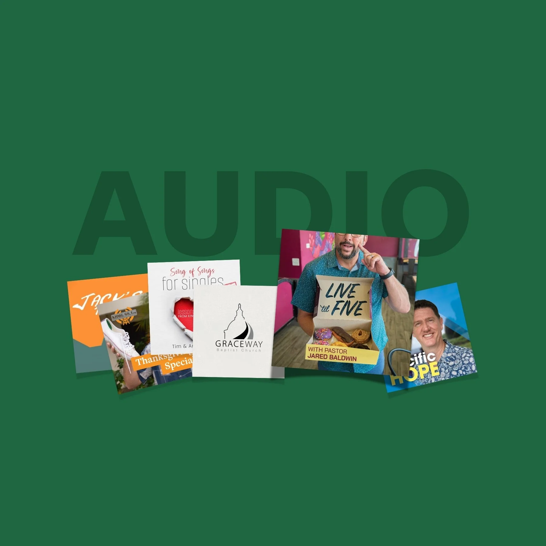 Green background with a collection of podcast thumbnails in the foreground and the word 'AUDIO' in large, faint dark green letters in the background.