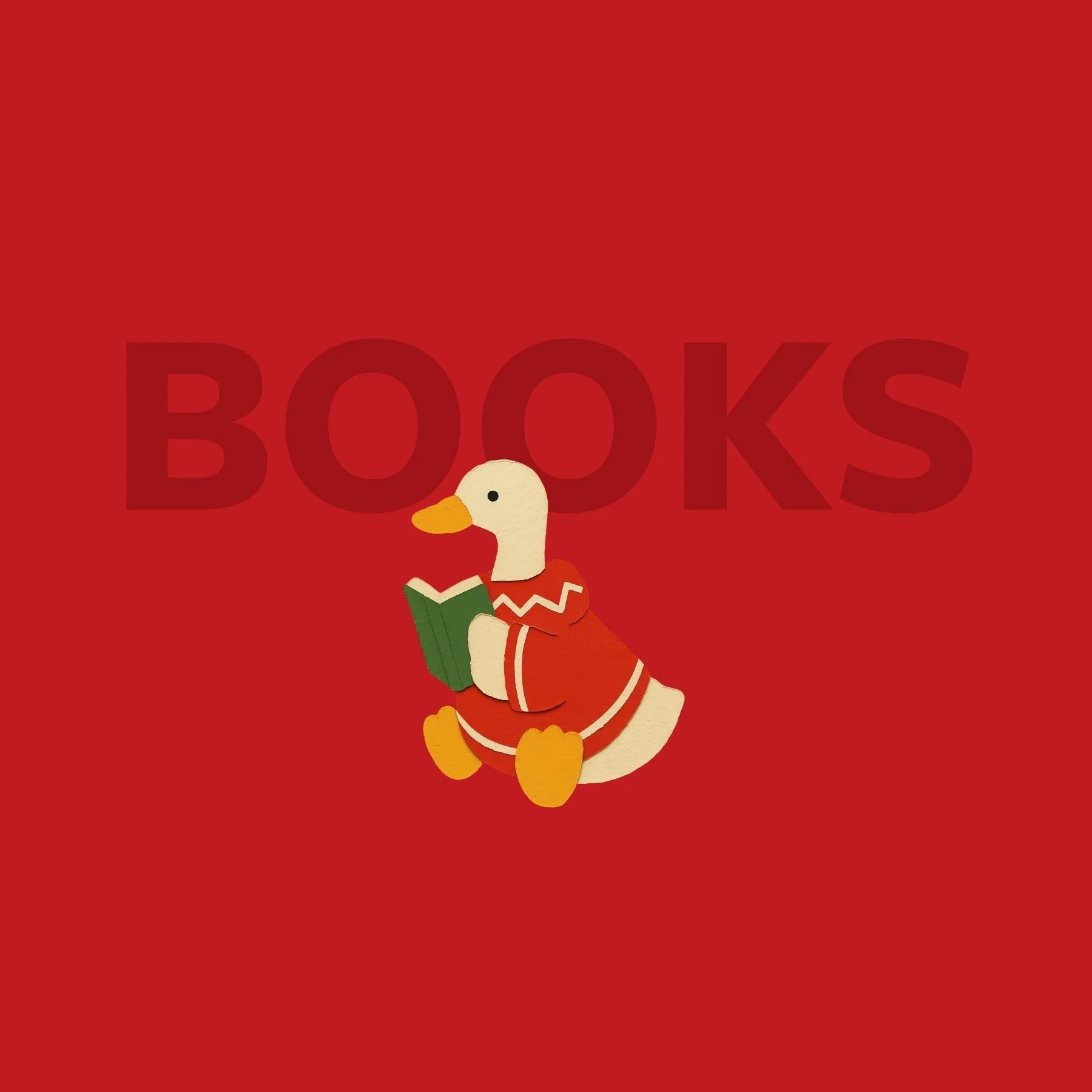 Cartoon goose in a red sweater reading a green book, with the word 'BOOKS' in large, faint letters in the background on a solid red backdrop.