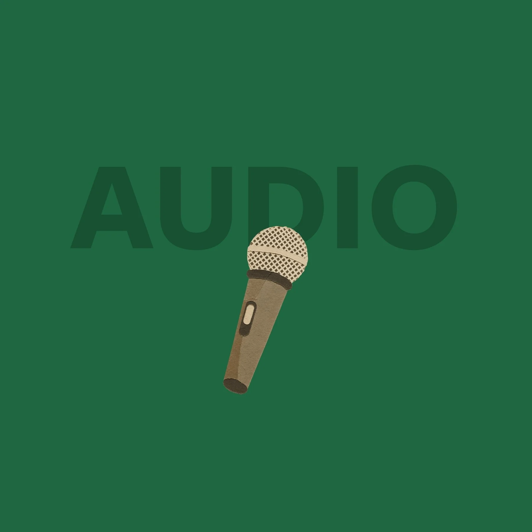 Green background with a microphone in the foreground and the word 'AUDIO' in large, faint dark green letters in the background.