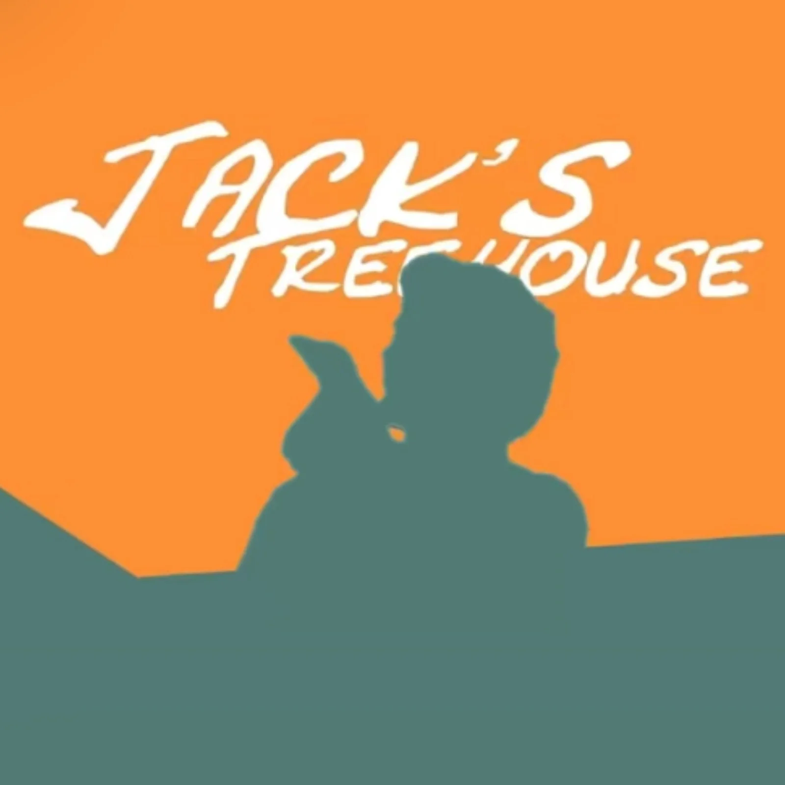 Silhouette of a man with an animal on his shoulder against an orange background with the text 'Jack's Treehouse' in white.