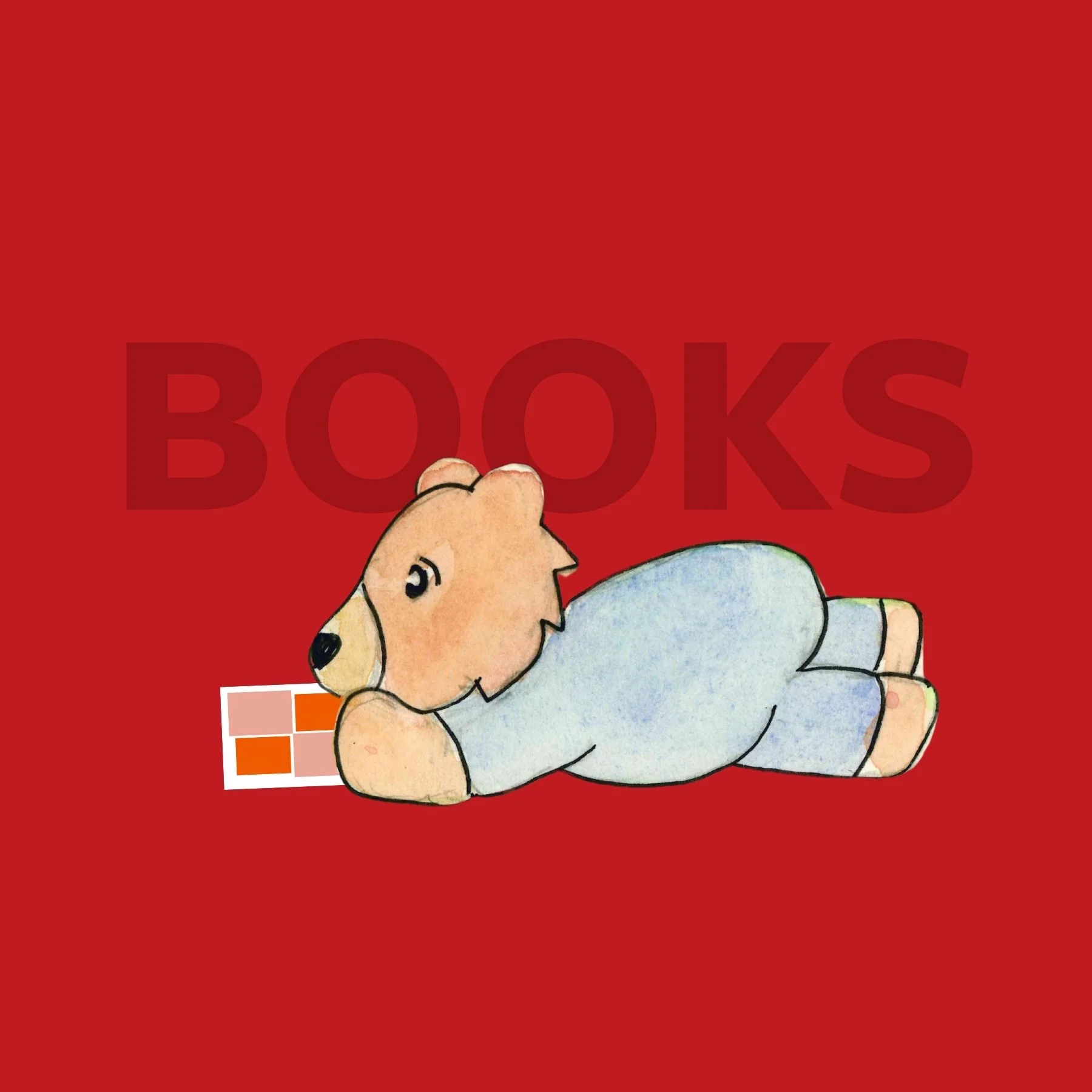 Drawn bear cub reading a copy of "the Bento Journal: Sushi Edition," with the word 'BOOKS' in large, faint letters in the background on a solid red backdrop.