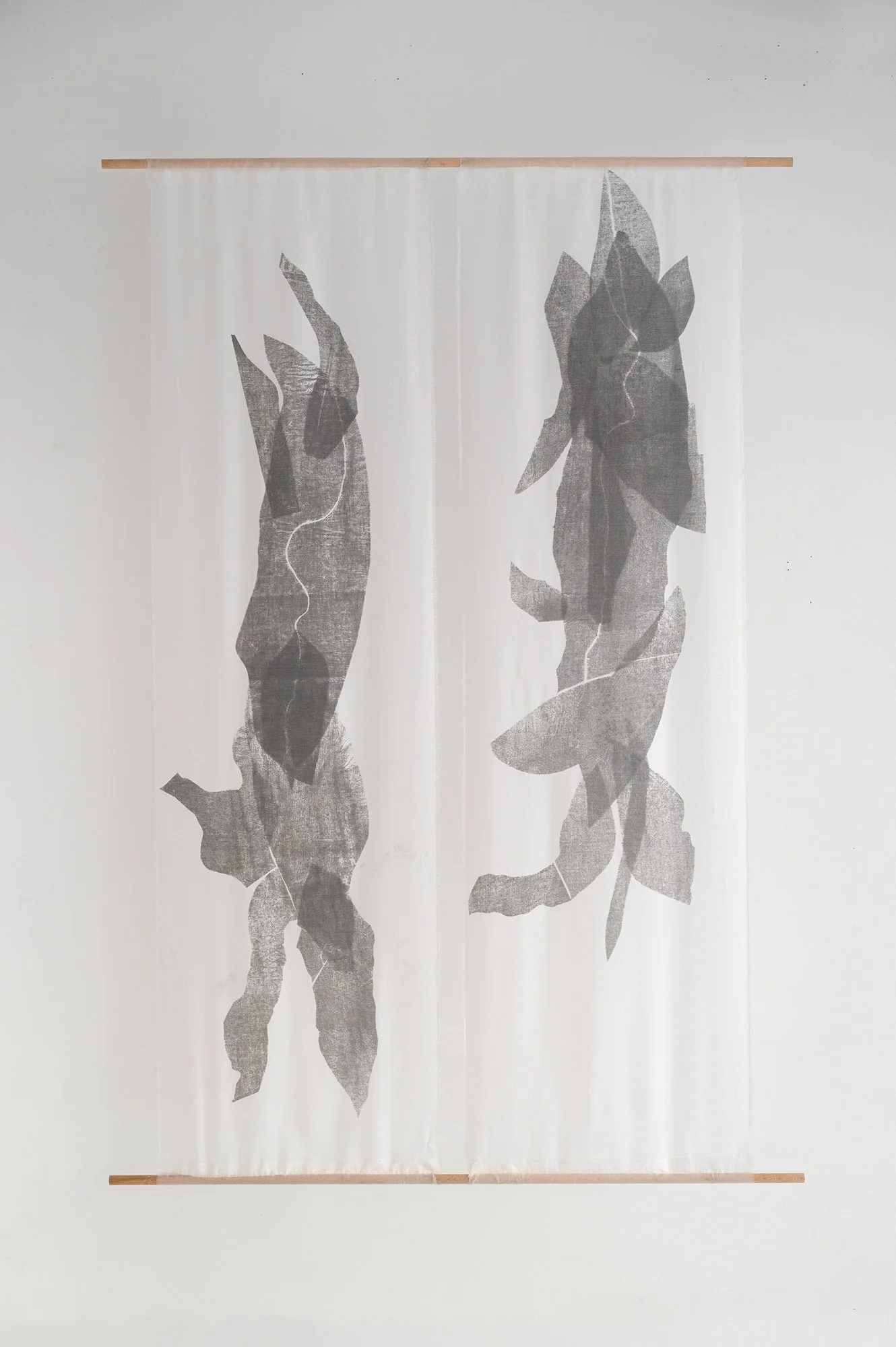 Homage II 2026 - 140 x 70 cm (2 panels) Drawing with carbon copy on silk, suspended with wood