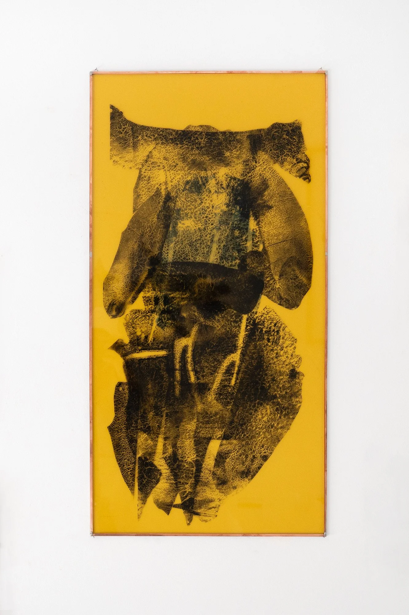 Untitled 2026 - 75.5 x 38.5 cm Carbon paper, oil paint on glass, artist made copper frame