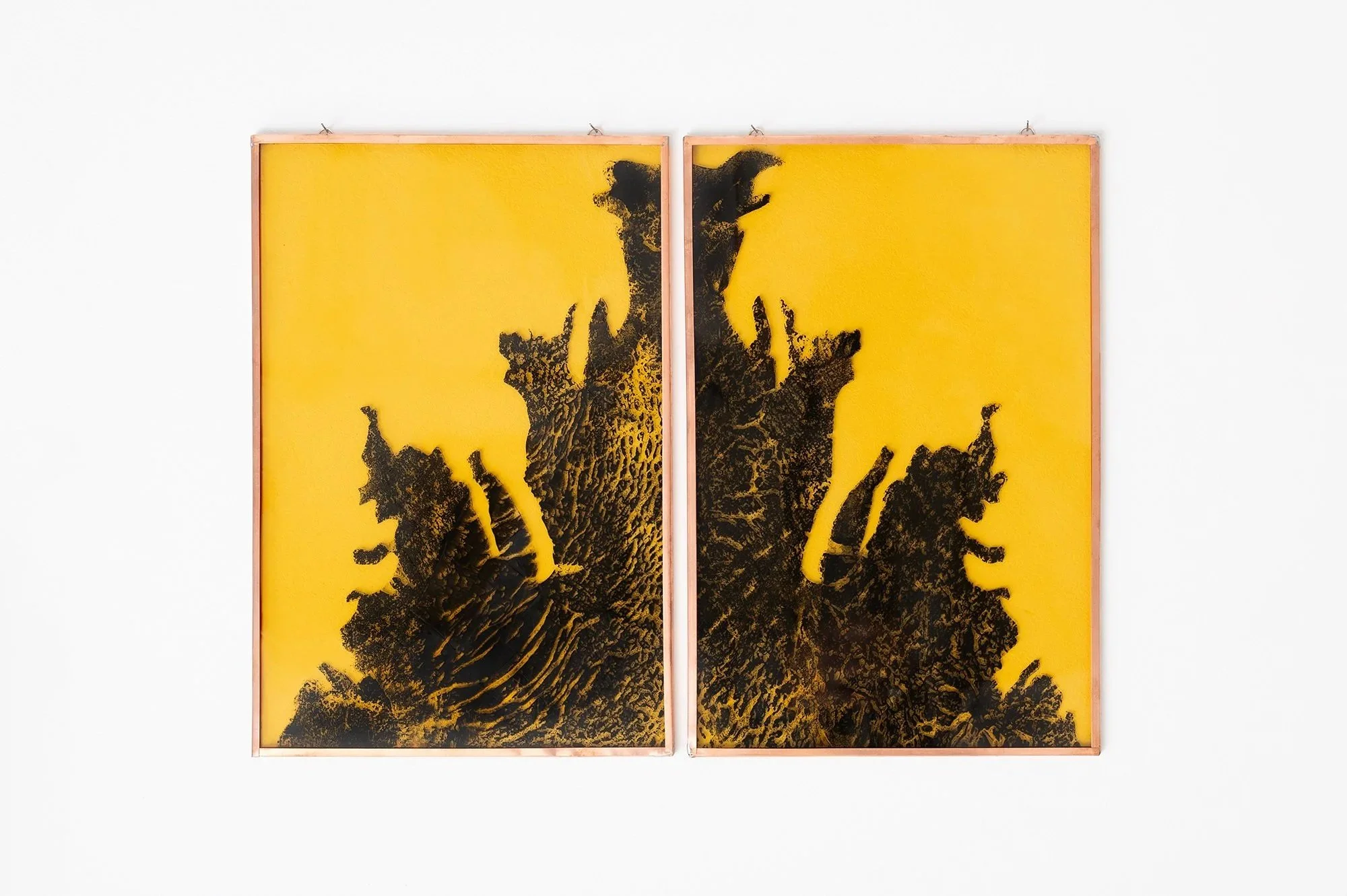 Extremity 2025 diptych 36.5 x 27.5 cm Carbon paper, ink, acrylic paint on glass, artist made copper frame