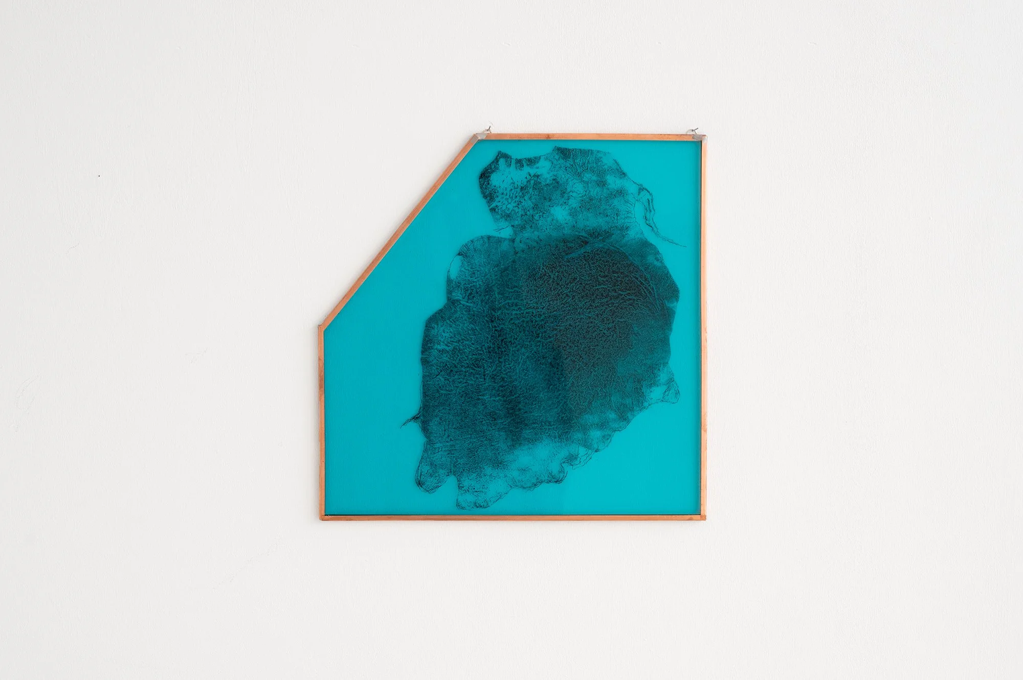 Untitled 2026 - 26 x 26 cm Carbon paper, ink, acrylic paint on glass, artist made copper frame