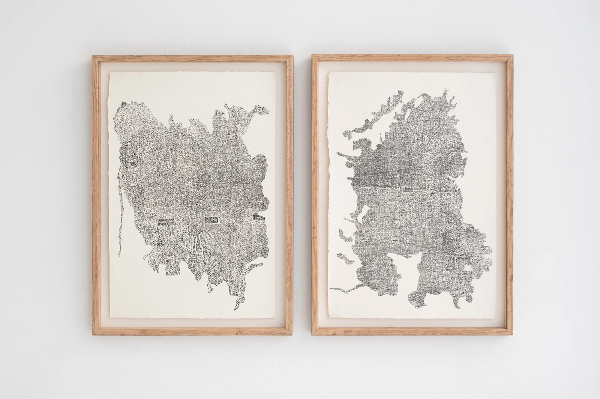 Flow I - Flow II 2025 - 44 x 32 cm carbon copy, ink on paper, solid oak frames