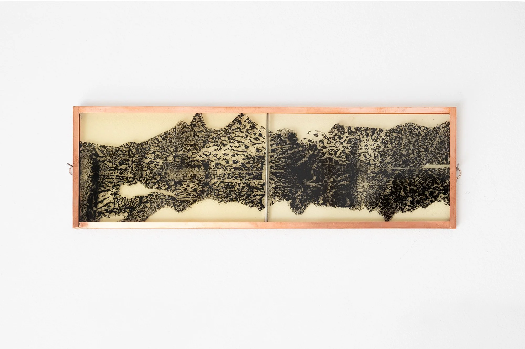 Heath 2025 - 23 x 7 cm Carbon paper, ink, acrylic paint on glass, artist made copper frame