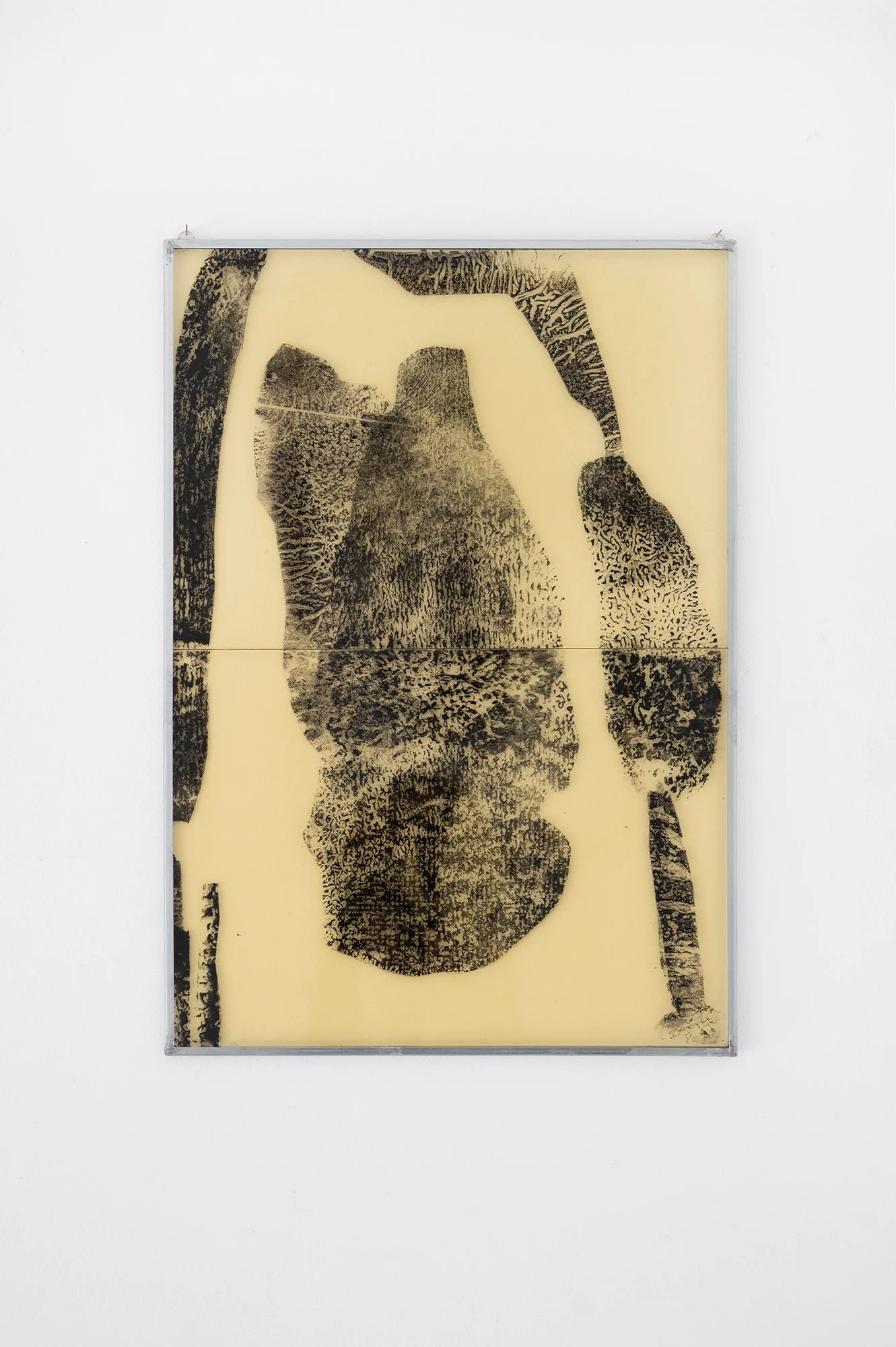 Solitude 2025 - 36 x 25.5 cm Carbon paper, ink, acrylic paint on glass, artist made aluminium frame