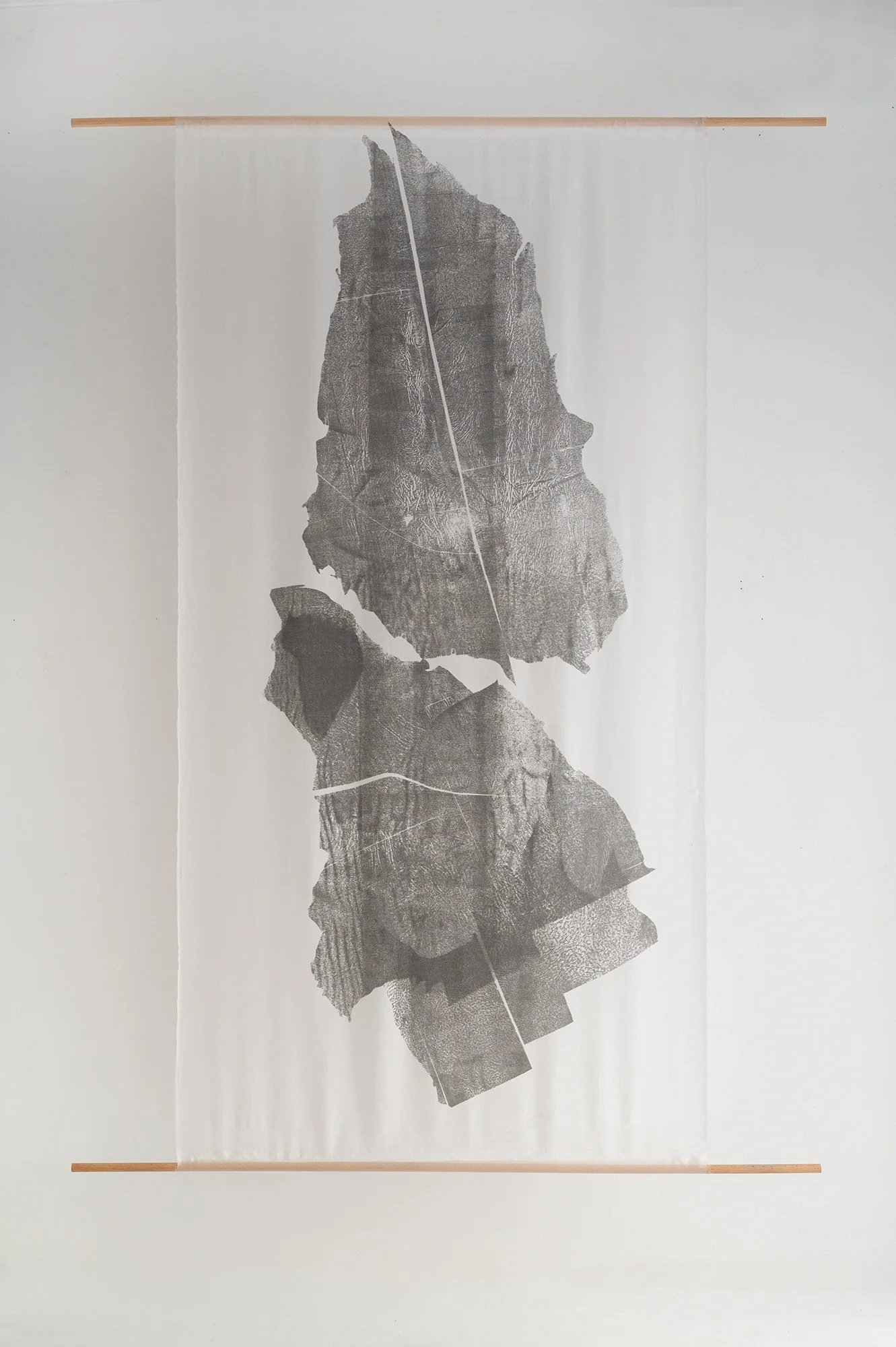 Homage I 2026 - 140 x 70 cm Drawing with carbon copy on silk, suspended with wood