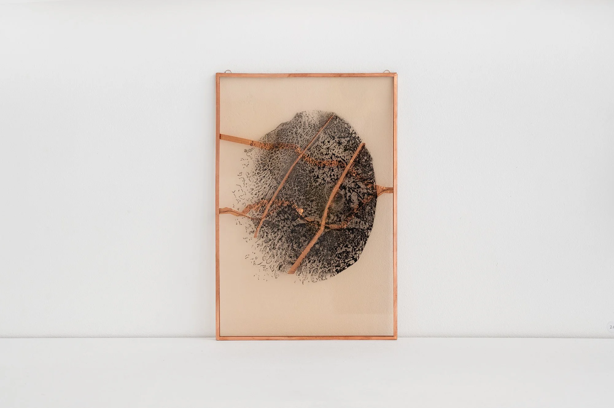 Empreinte 2025 - 27 x 18 cm Carbon paper, ink, acrylic paint on glass, artist made copper frame
