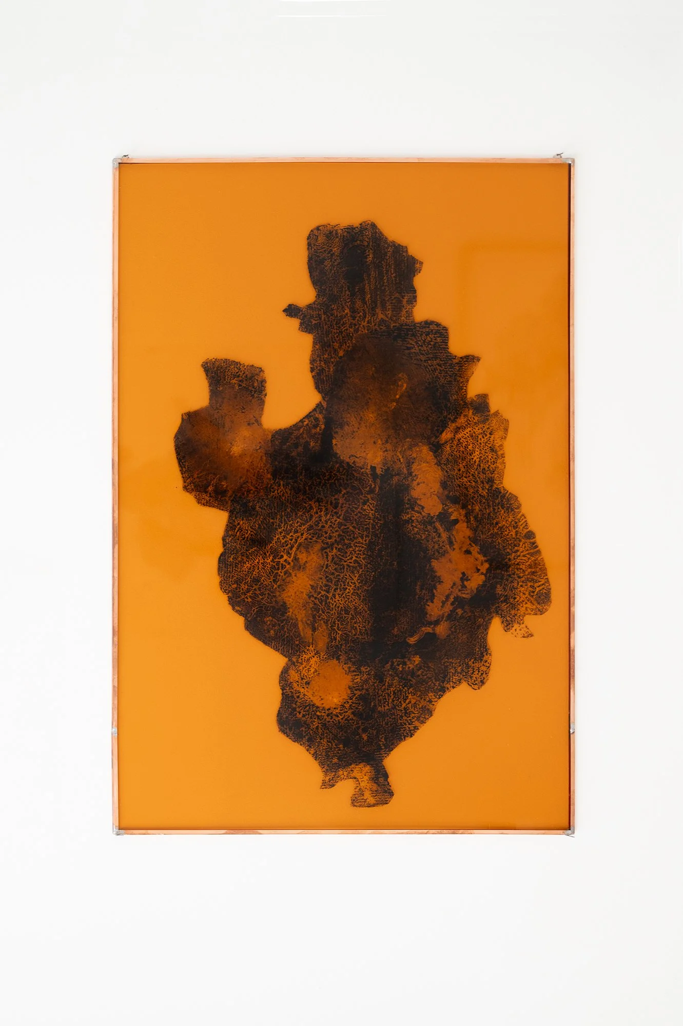 Beneath the surface 2026 - 54 x 37 cm Carbon paper, ink, acrylic paint on glass, artist made copper frame