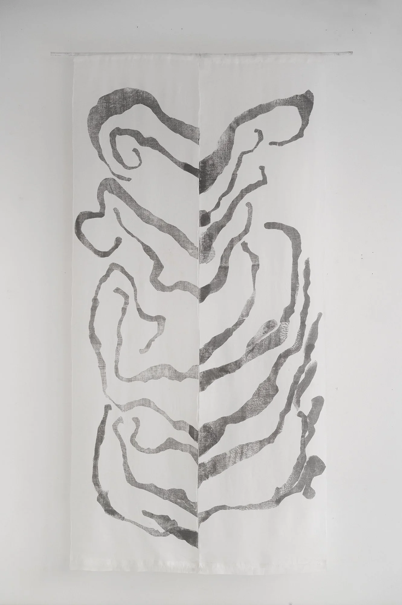 After Louise 2026 140 x 70 cm Drawing with carbon copy on silk, suspended with wood
