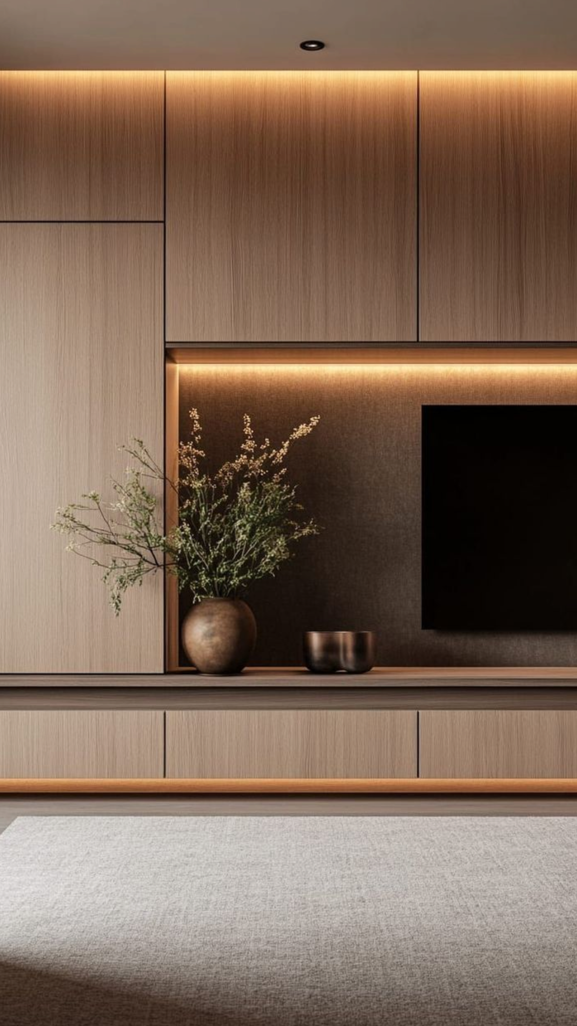 Modern interior with wooden cabinets, a vase with green foliage, and a black TV mounted on a dark wall, illuminated by ambient lighting.