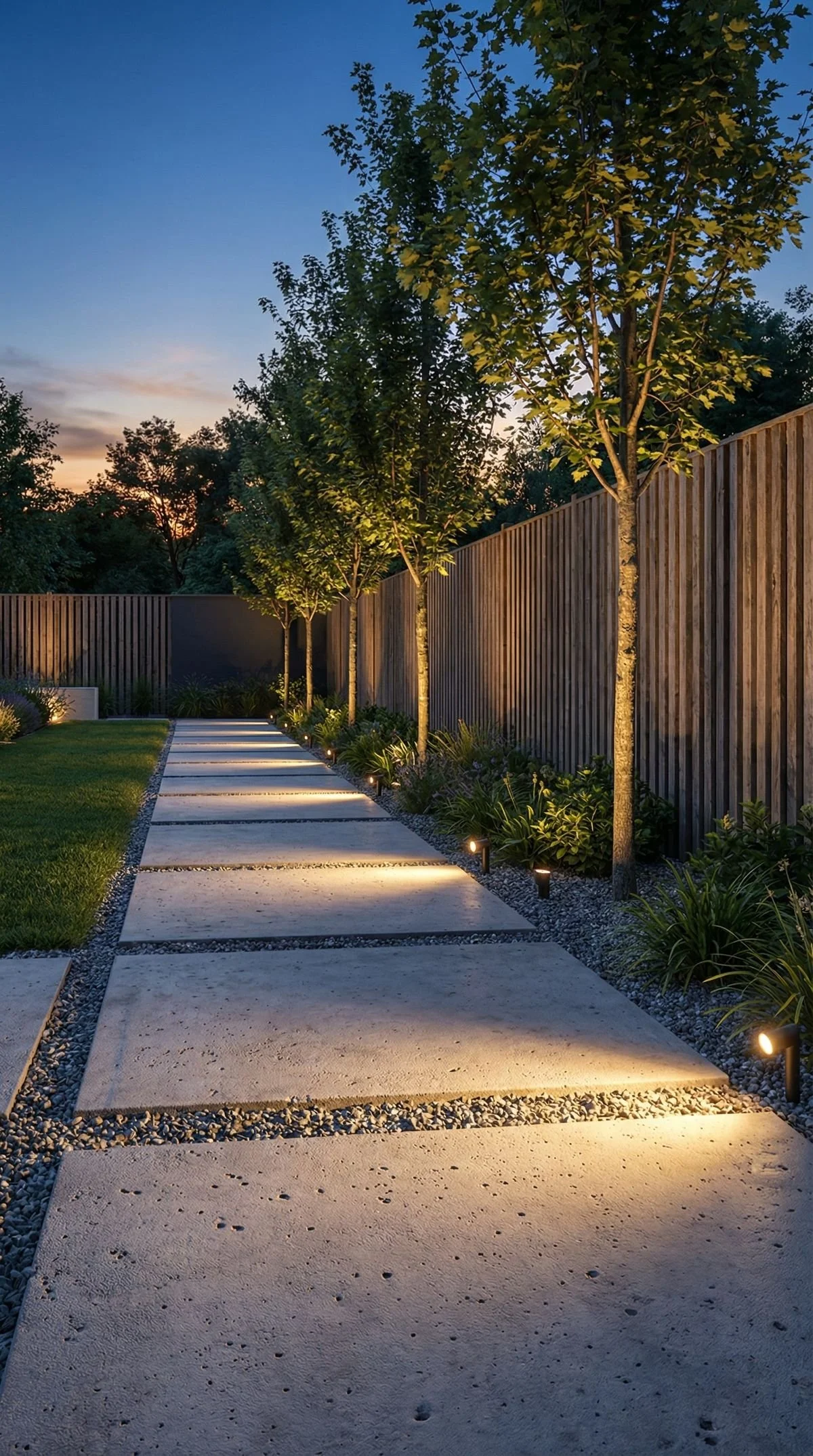 A modern backyard pathway illuminated by ground lights, flanked by trees and a wooden fence, with the evening sky in the background.