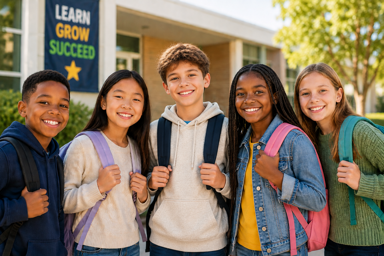 Group of five diverse smiling school children with backpacks standing outside, in front of a school building with a banner that says 'Learn, Grow, Succeed'.