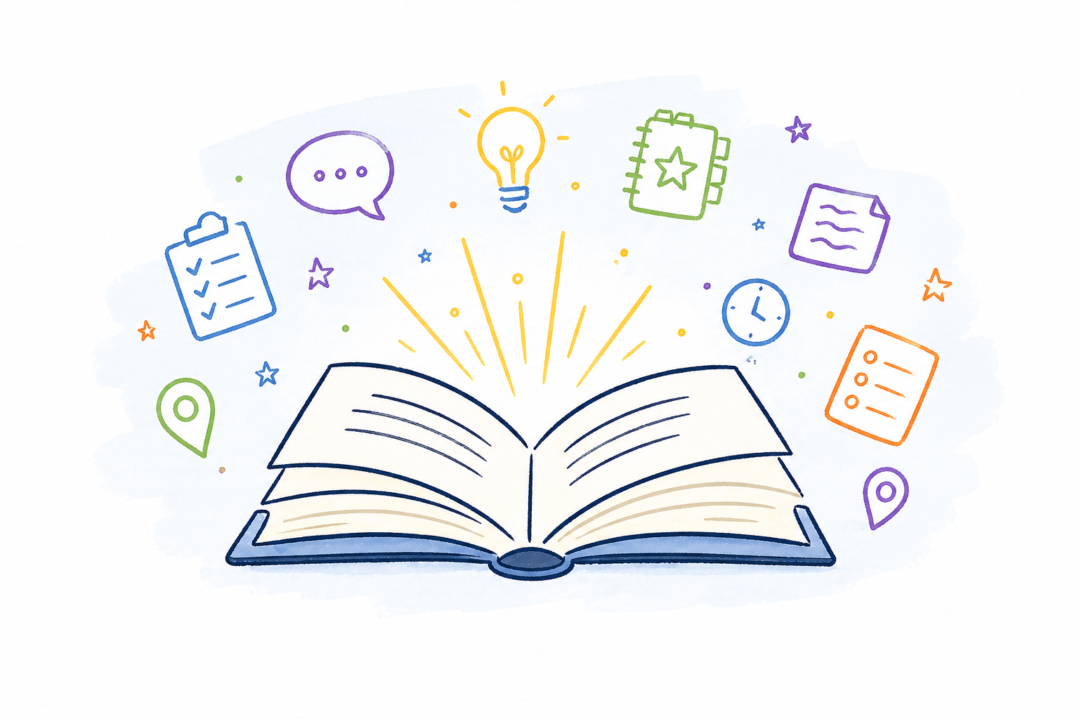 Open book with colorful icons representing ideas, communication, scheduling, and location surrounding it, with a light bulb emitting rays above.