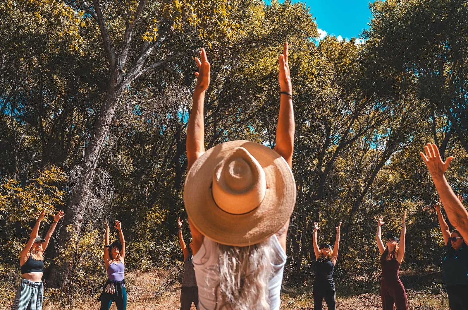 Group of women practicing yoga outdoors in a wooded area under a clear blue sky, with one woman in the foreground wearing a large straw hat and raising her arms.