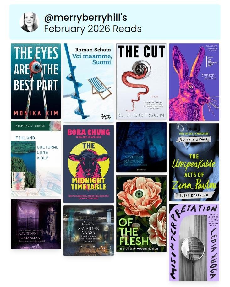 February in books:
- Had my mind comprehensively blown by Bora Chung;
- Read a great anthology; 
- Some horror, as always;
- Some Finnish things and things about Finnishness, and ghost stories from and about my hometown, Vaasa;
- Plus a couple of boo