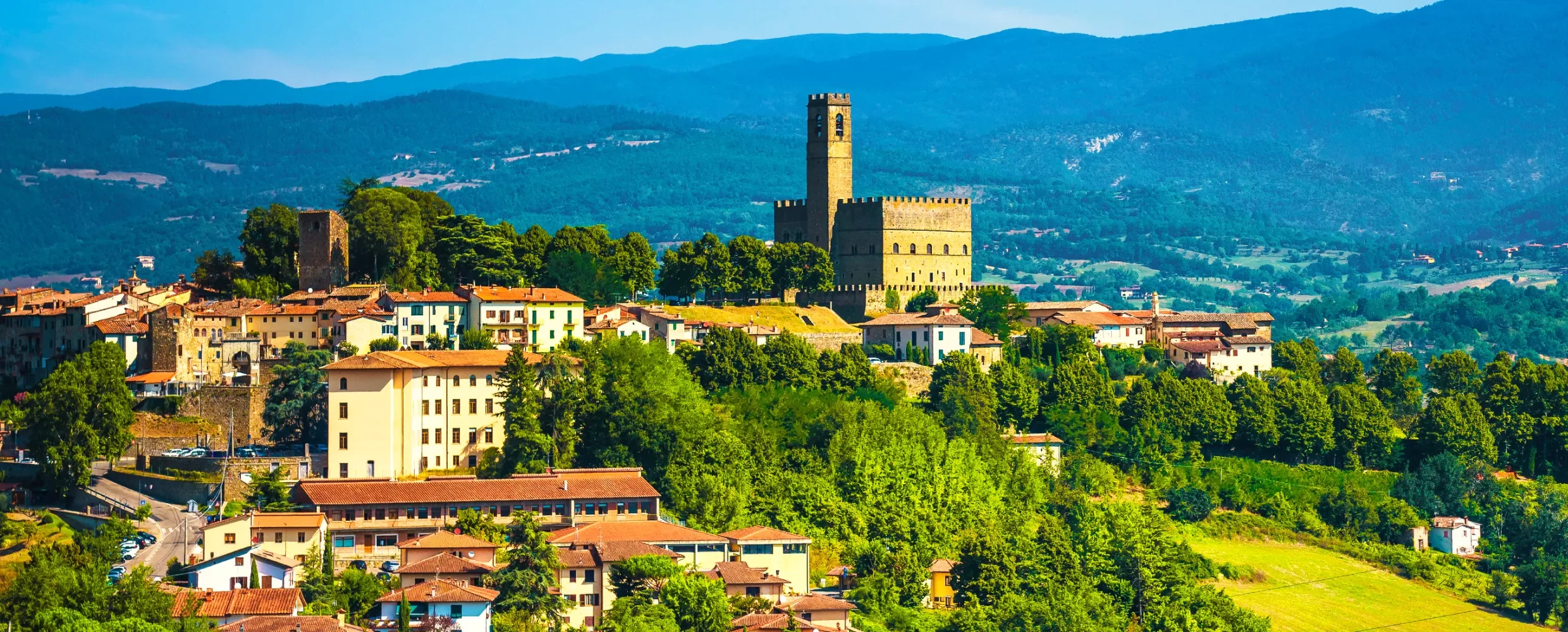 A scenic view of a hillside town with a historic tower and castle surrounded by green trees and rolling hills in the background.