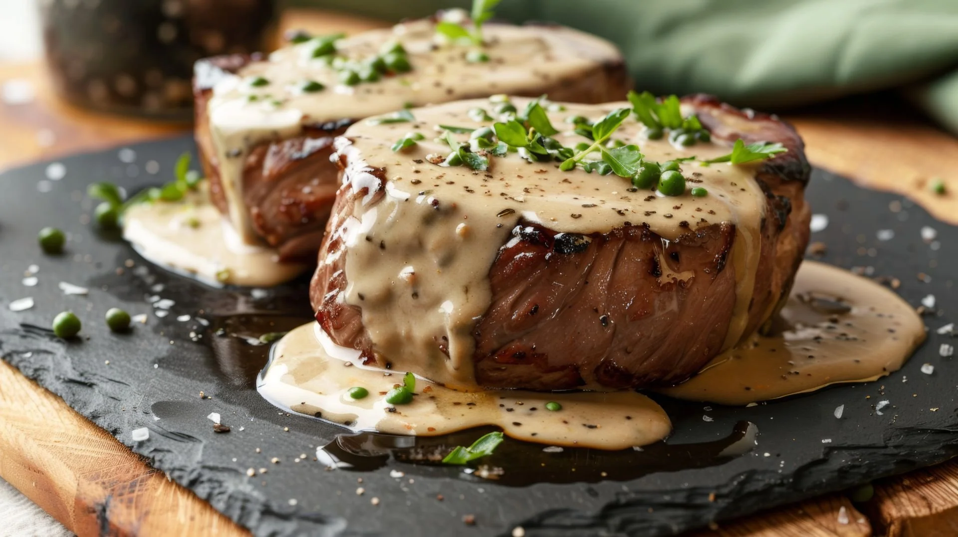 Zwei perfekt gegarte Filet-Mignon-Steaks, verfeinert mit einer cremigen schwarzen Pfeffersauce, garniert mit gehackten Kräutern und serviert auf einer schwarzen Schieferplatte mit Pfefferkörnern und grobem Salz.