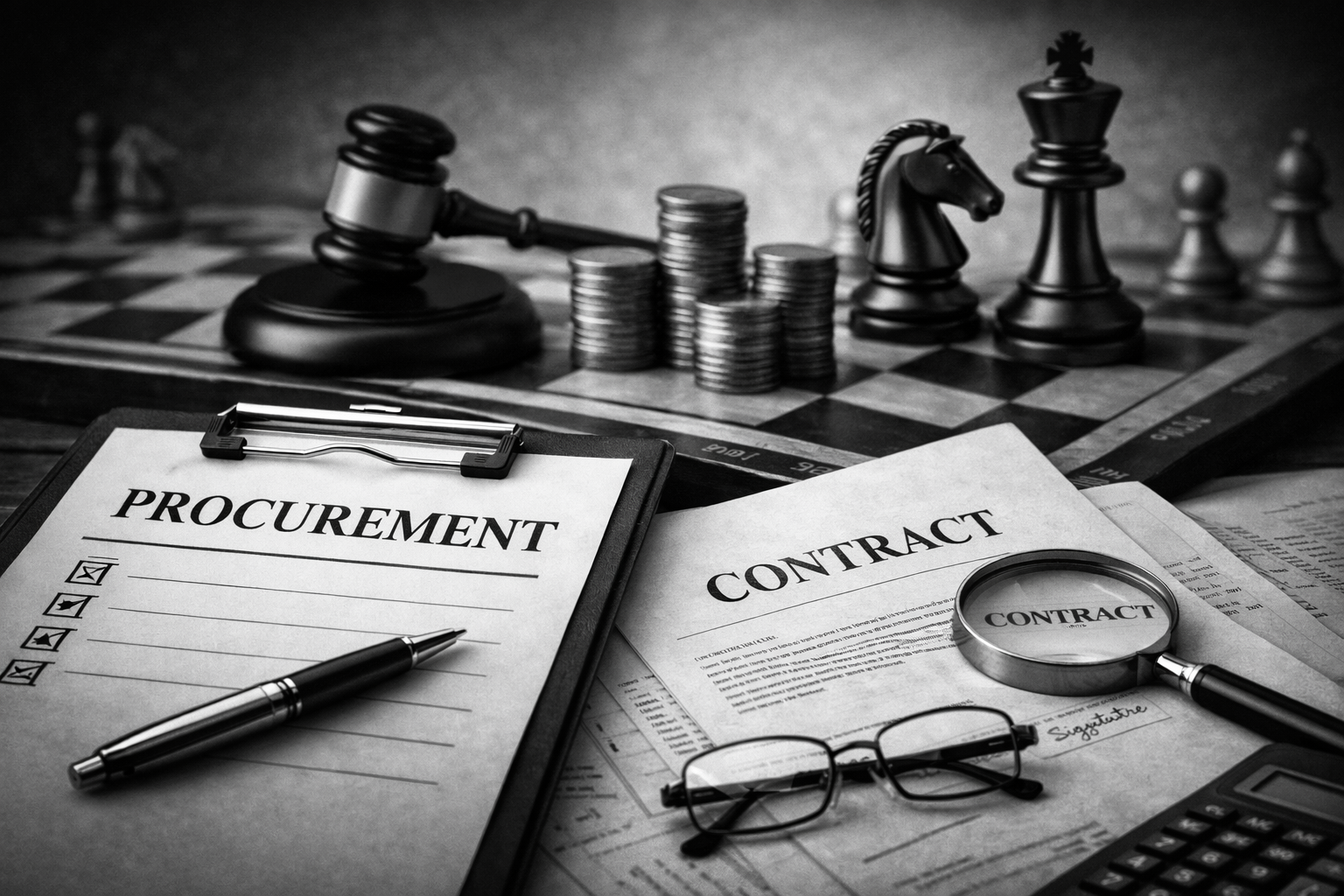 Black-and-white photo of a chessboard with stacks of coins, a gavel, and chess pieces, along with legal documents labeled 'Procurement' and 'Contract,' a magnifying glass, glasses, and a calculator.
