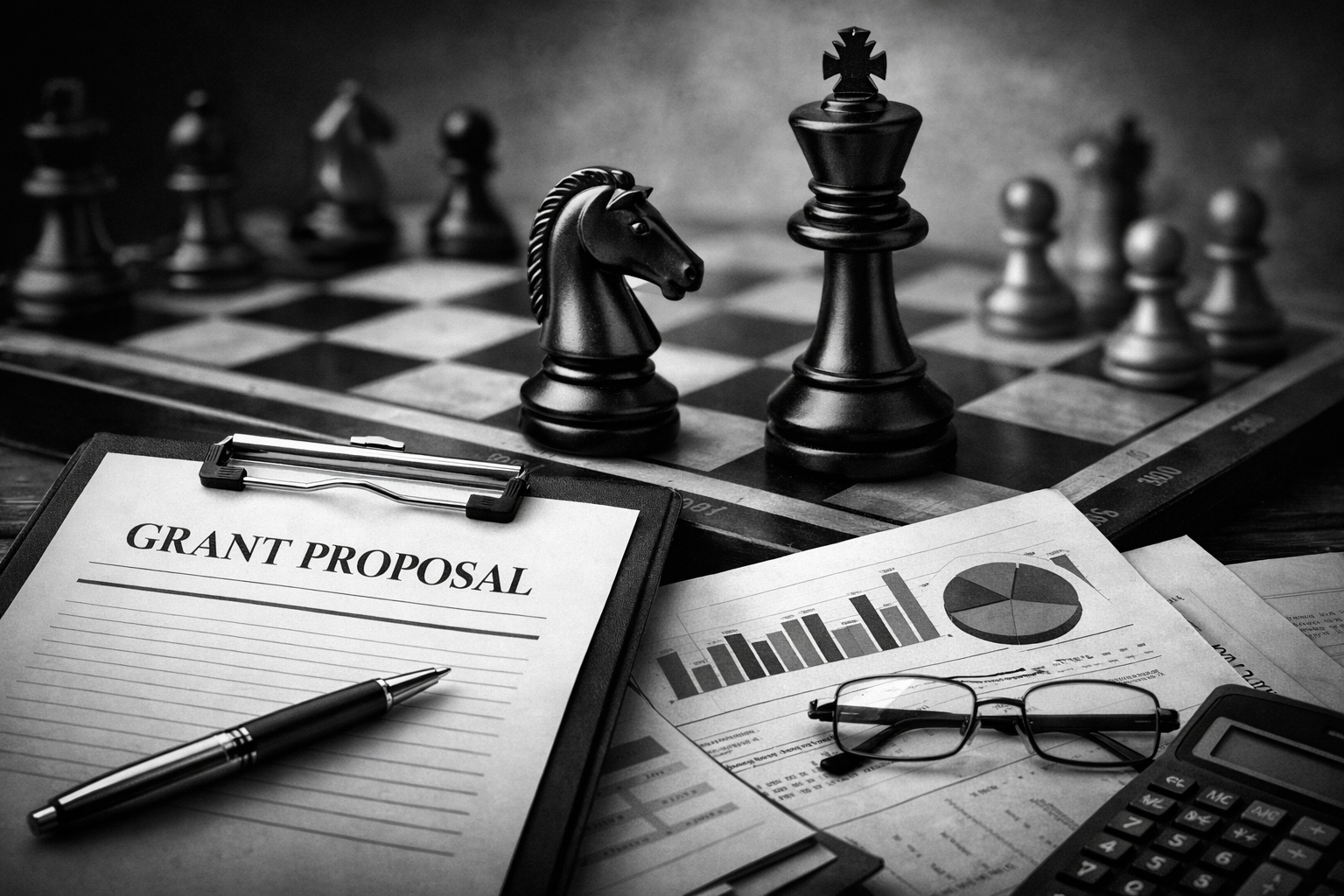 black and white image 2 chess pieces on a chessboard with a clipboard stating grant proposal