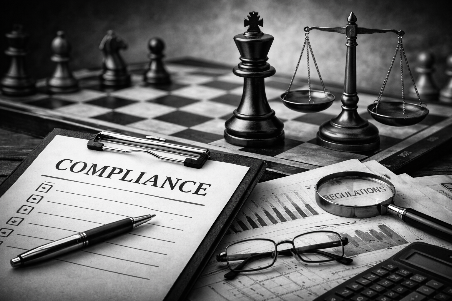 A chessboard with a king piece and scales of justice on it, a compliance checklist with check marks, a magnifying glass over documents labeled 'regulations', a pair of glasses, a calculator, and graphs and charts, all depicted in black and white.