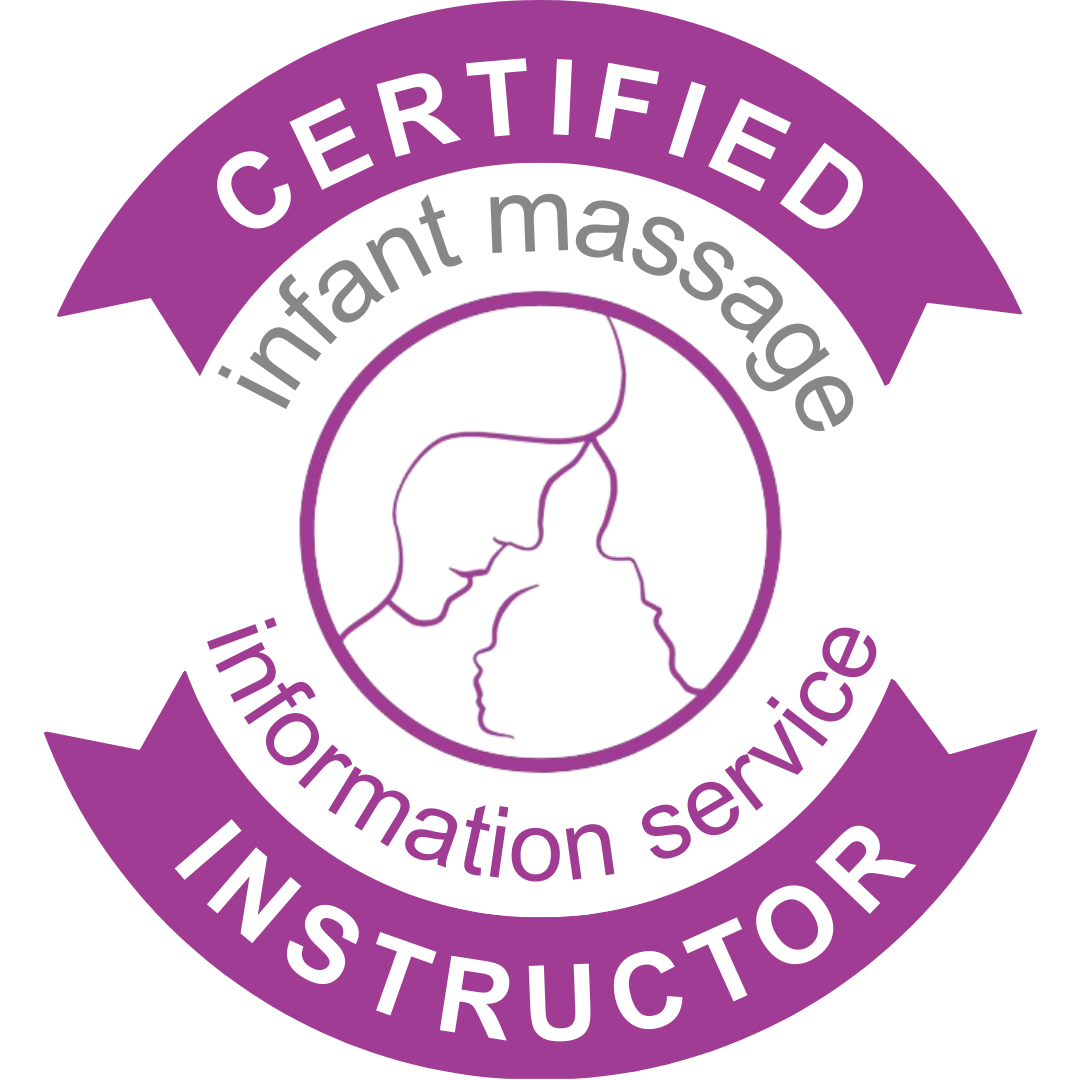 Purple and white badge with a circular design, featuring a line drawing of an adult and a child touching foreheads. Text reads "CERTIFIED infant massage information service INSTRUCTOR."