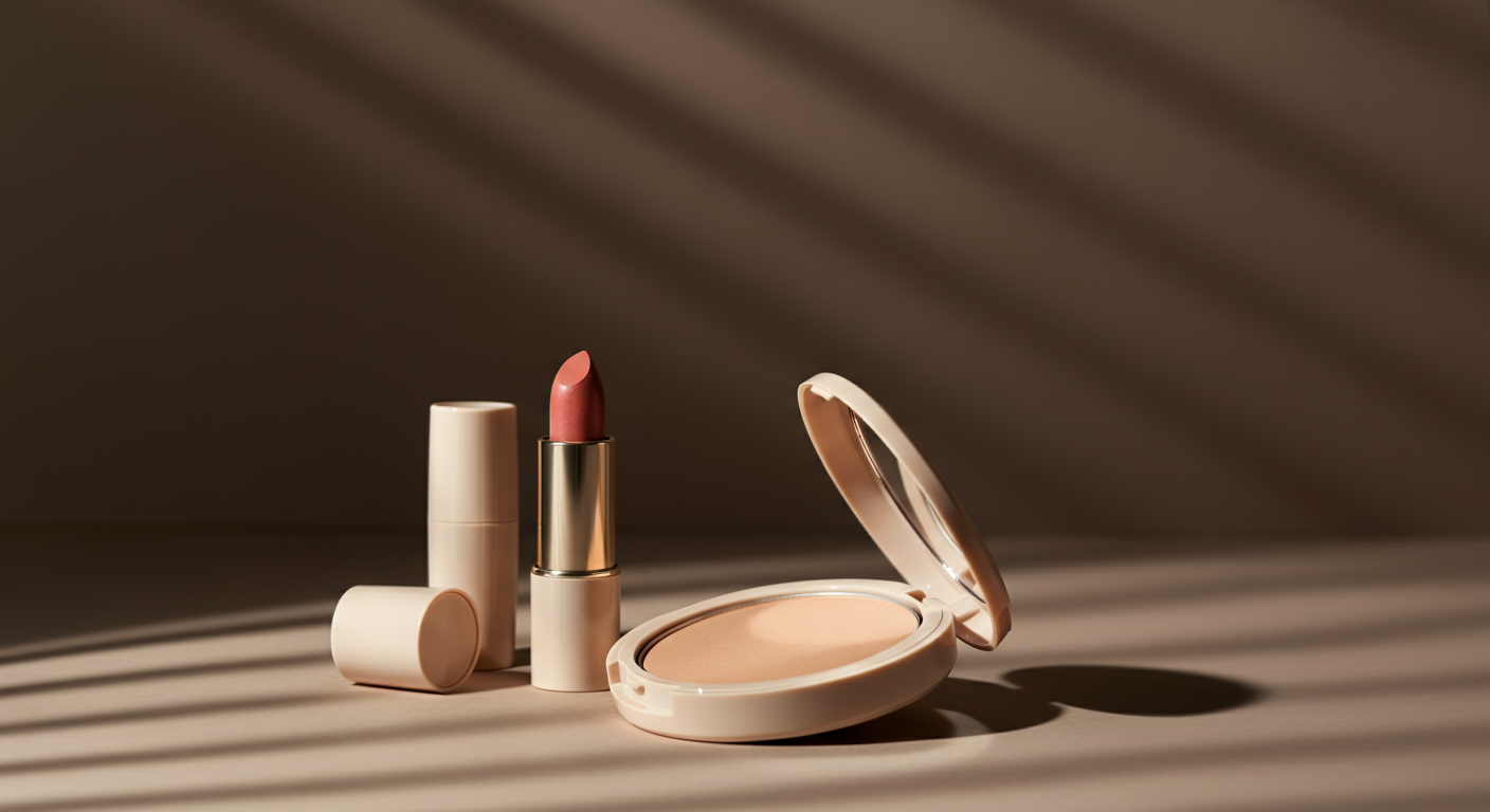Make-up-Produkte, darunter Lippenstift, Puder und Lip Balm, auf einer beige Oberfläche mit Schatten und Licht