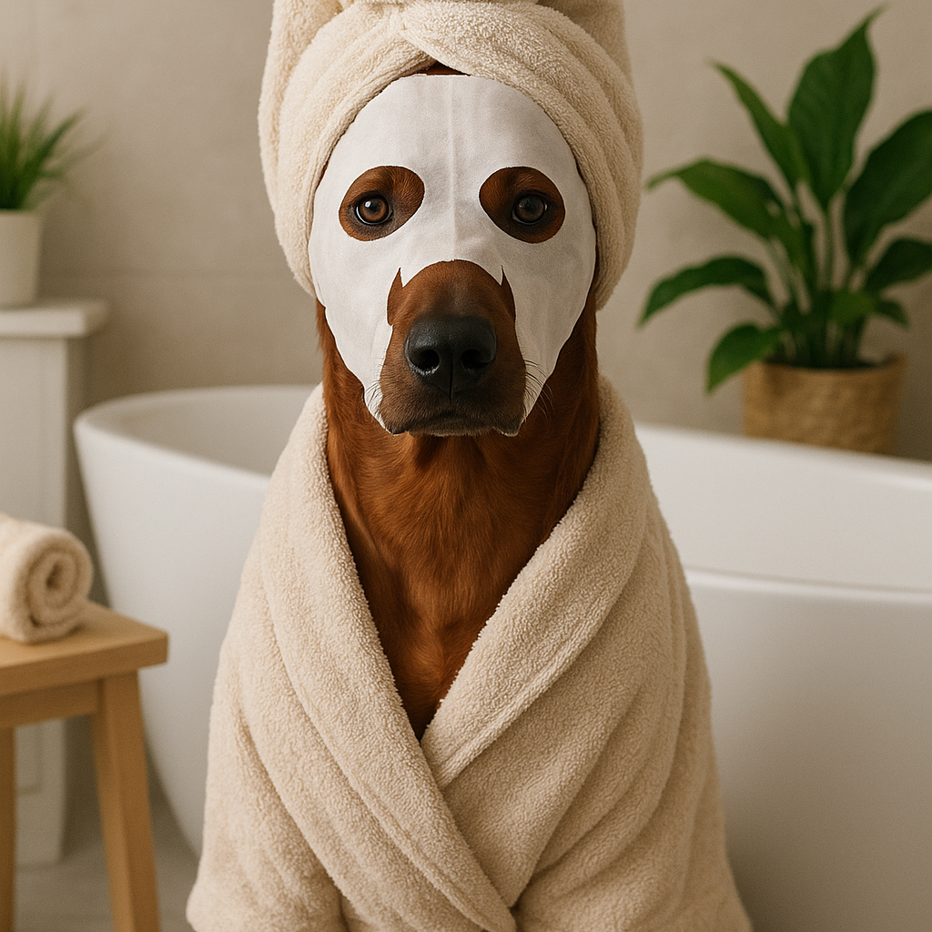 Ein Hund trägt eine Badekappe und ein Handtuch, das wie ein Gesichtsmasken auf seinem Gesicht aussieht, in einem Badezimmer.