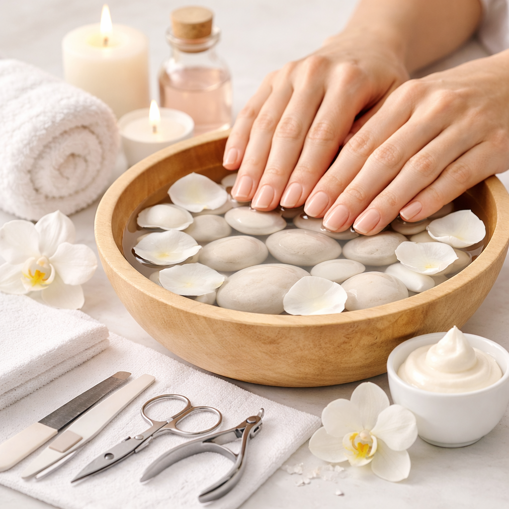 Handbad mit weißen Steinen, Blüten und Massageutensilien auf einem Spa-Tisch.