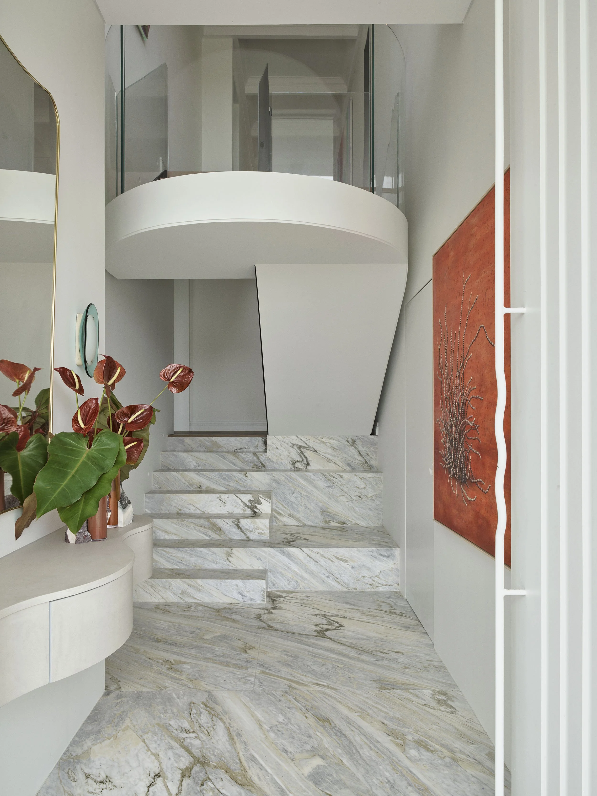 Front entrance with landscaped garden design, artwork, Boronia Road, Bellevue Hill