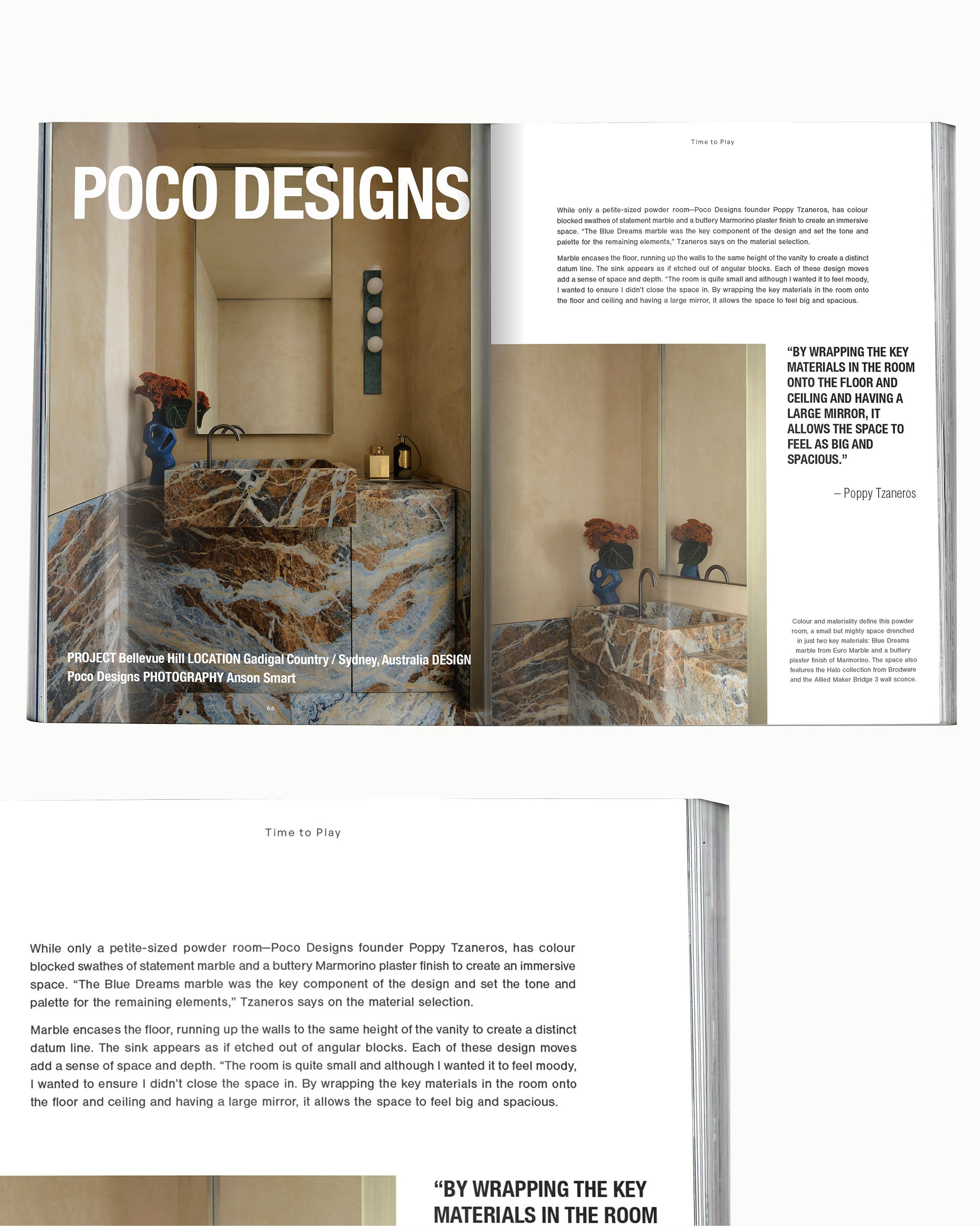 Magazine spread featuring a bathroom with marble vanity and mirror, decorated with vases of flowers, and textual content about design inspiration.