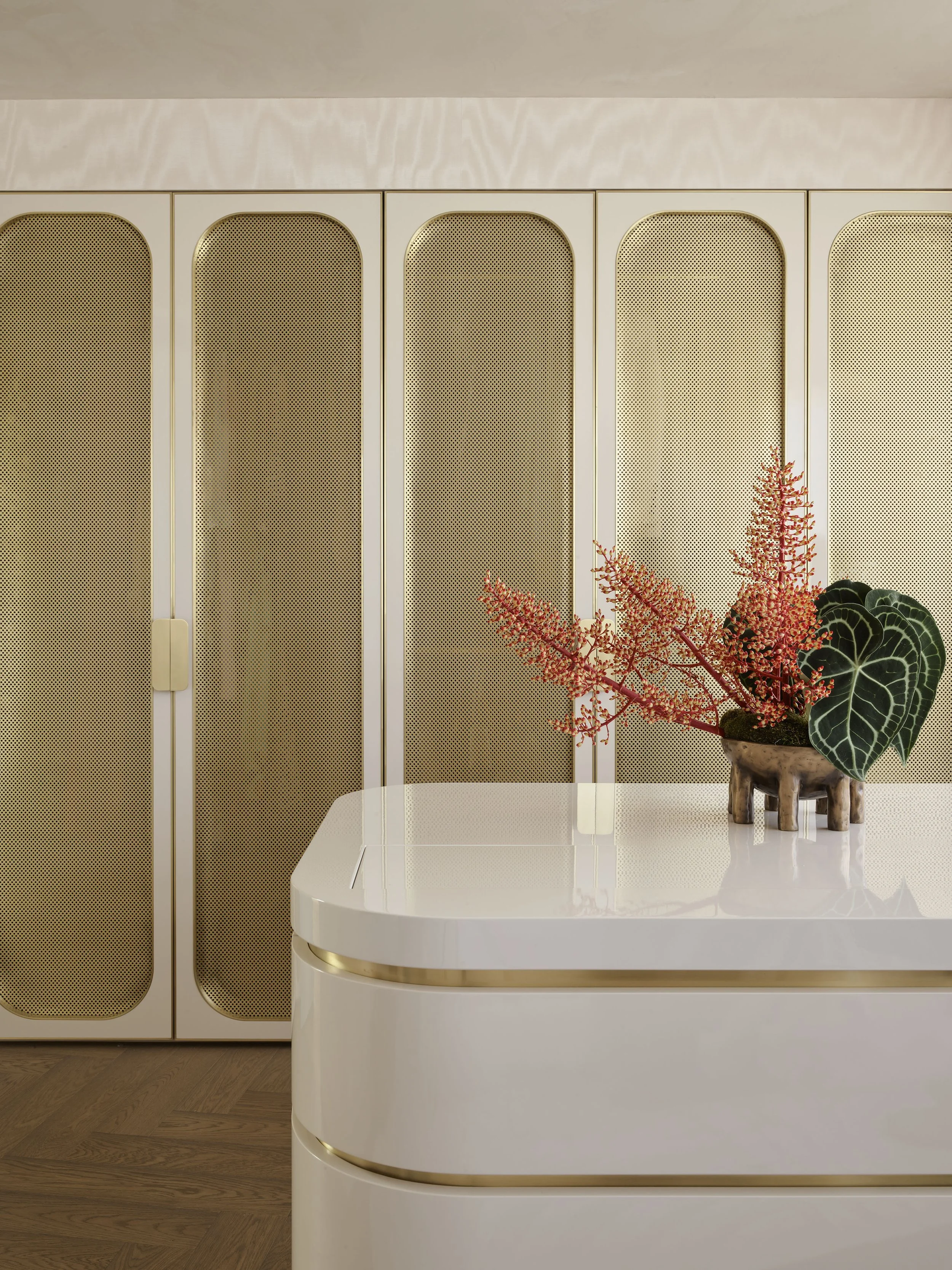 Decorative cabinet doors with a potted plant on a white countertop.