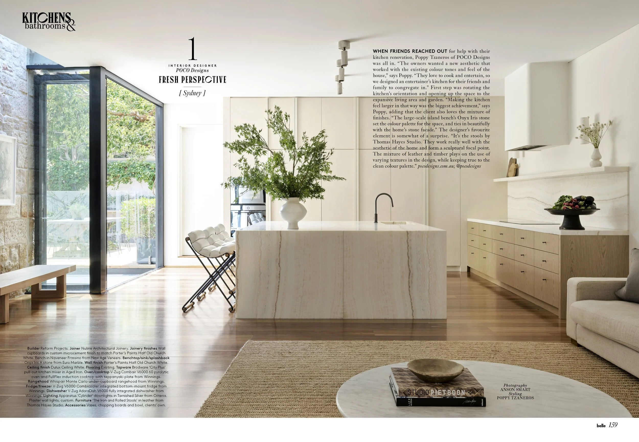 Bright, modern kitchen and living area with a large marble island, minimalist furniture, a large green plant, and natural light through glass doors leading outside.