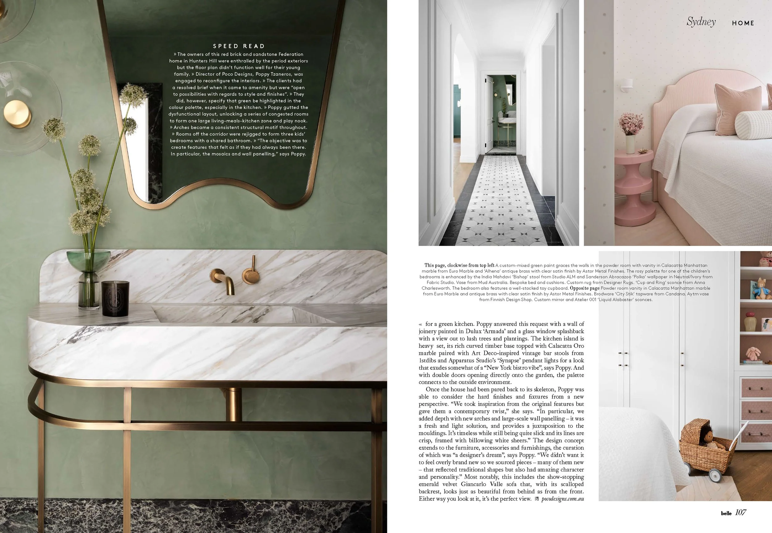 A magazine layout featuring interior home decor and design details, including a hallway, a bedroom with pink accents, and a decorative bathroom sink area.