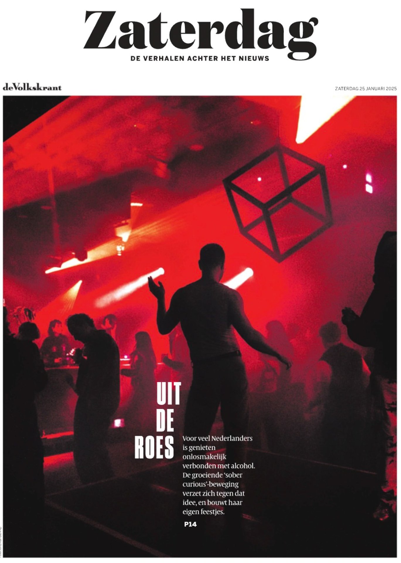 Front page of a newspaper showing people dancing in a nightclub with red lighting and a geometric decoration hanging from the ceiling. The text is in Dutch.