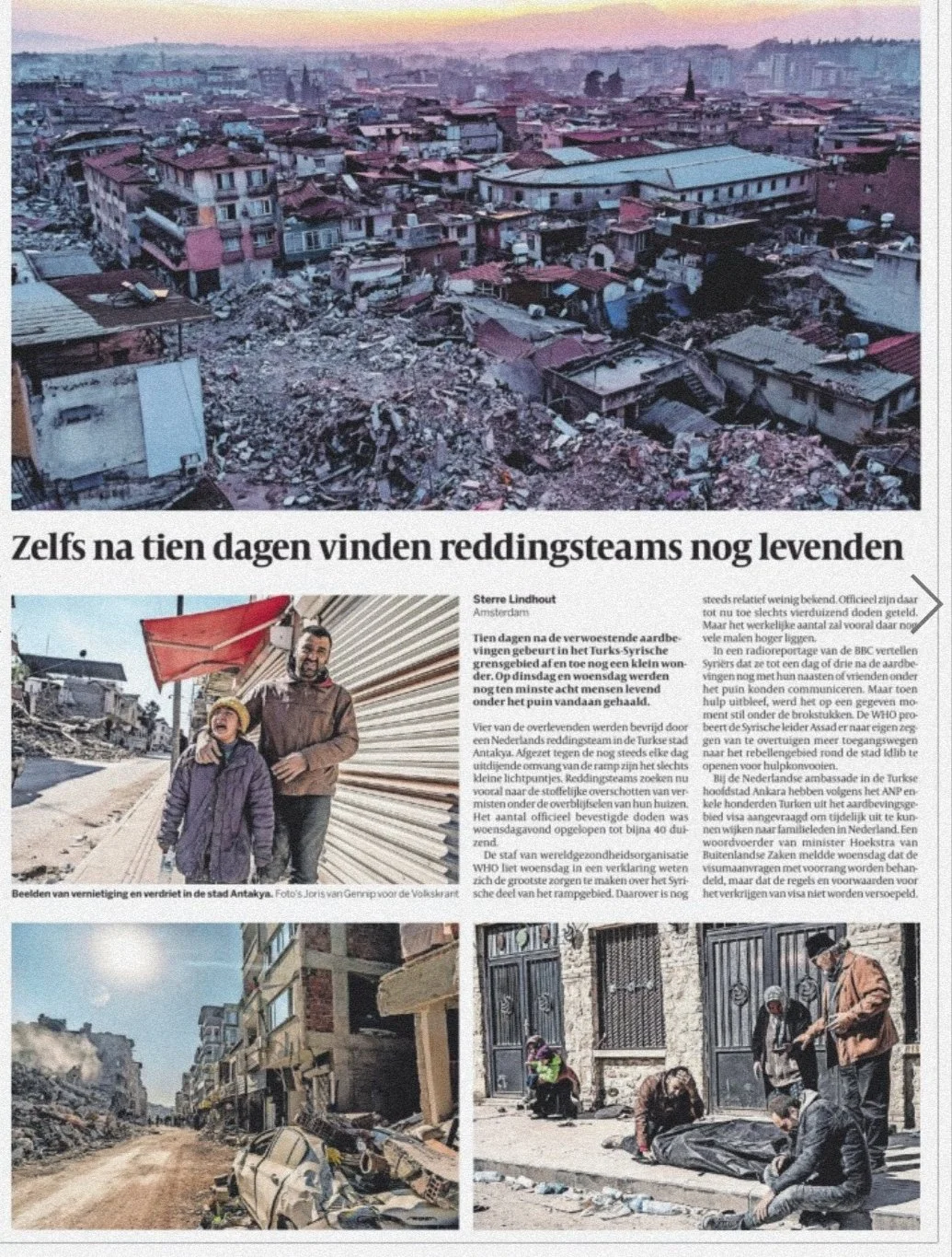 A newspaper article about the aftermath of an earthquake shows a damaged city with collapsed buildings, rubble, and rescue efforts. The main image depicts extensive destruction in an urban area. Additional images show a woman and child hugging, damag