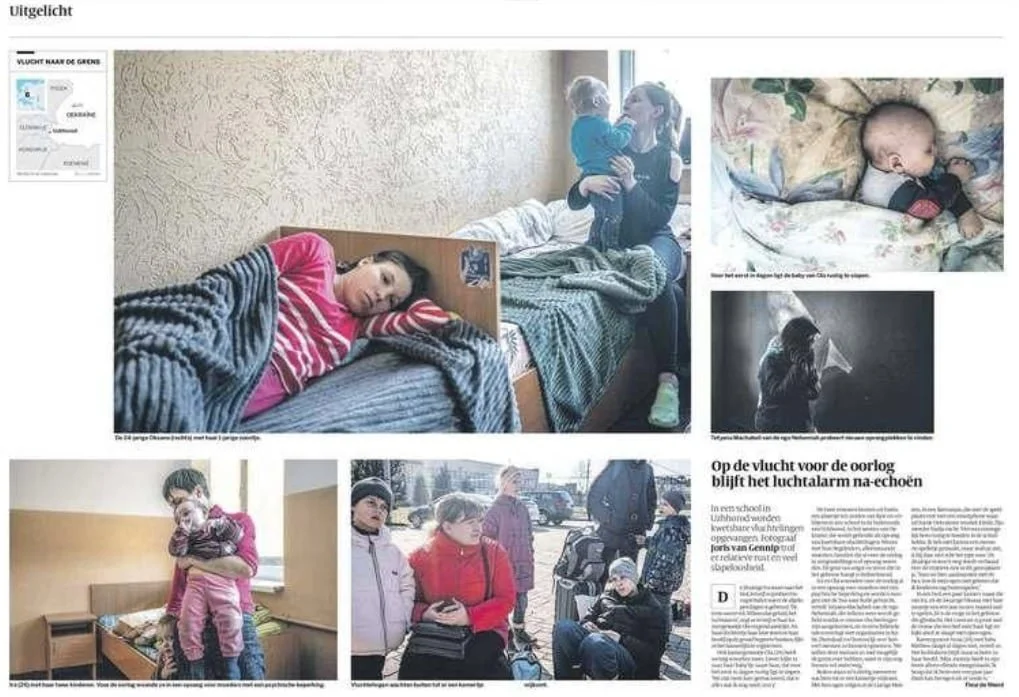 A collage of photos showing children and a woman in a room and outside, some sleeping or sitting, involved in a situation related to an escape or evacuation.