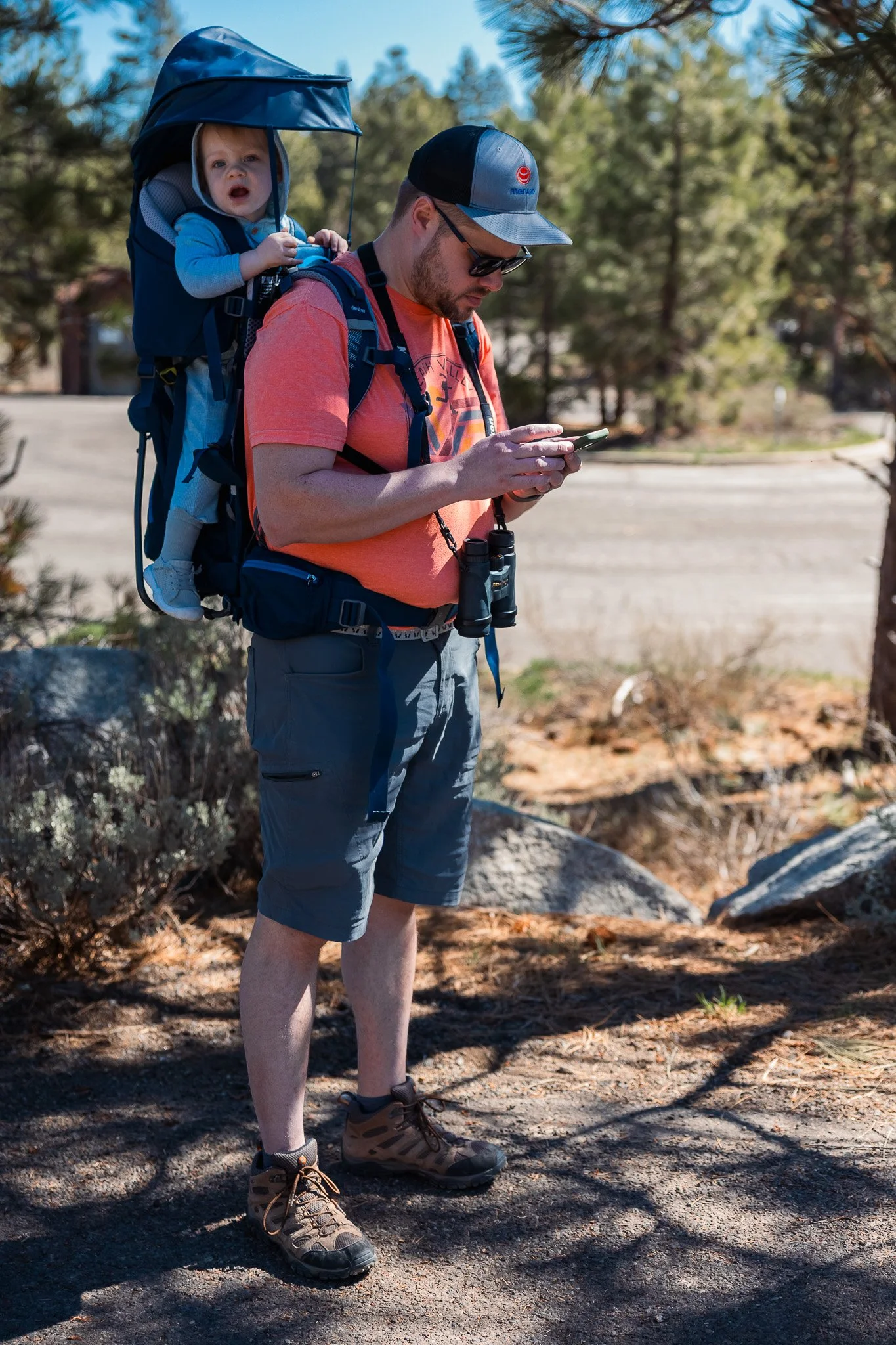 Dad Hiking with Toddler in Carrier at Fallen Leaf Lake