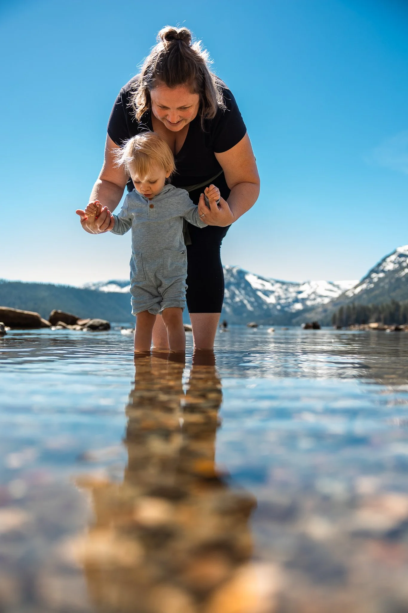 Mom and Toddler Wading in Fallen Leaf Lake