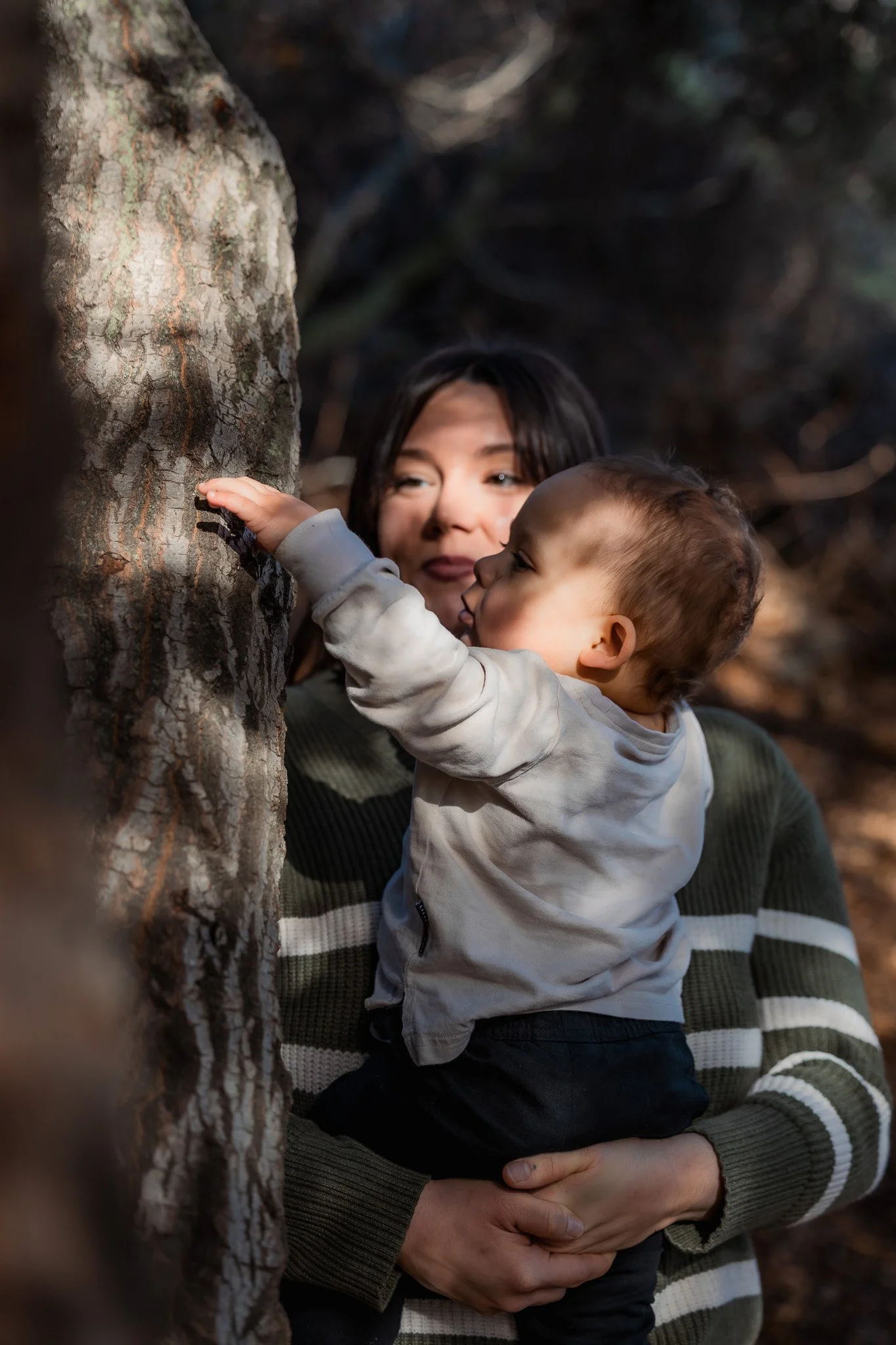 Mom and Baby Exploring Tree Bark in Forest, San Diego Documentary Family Photography