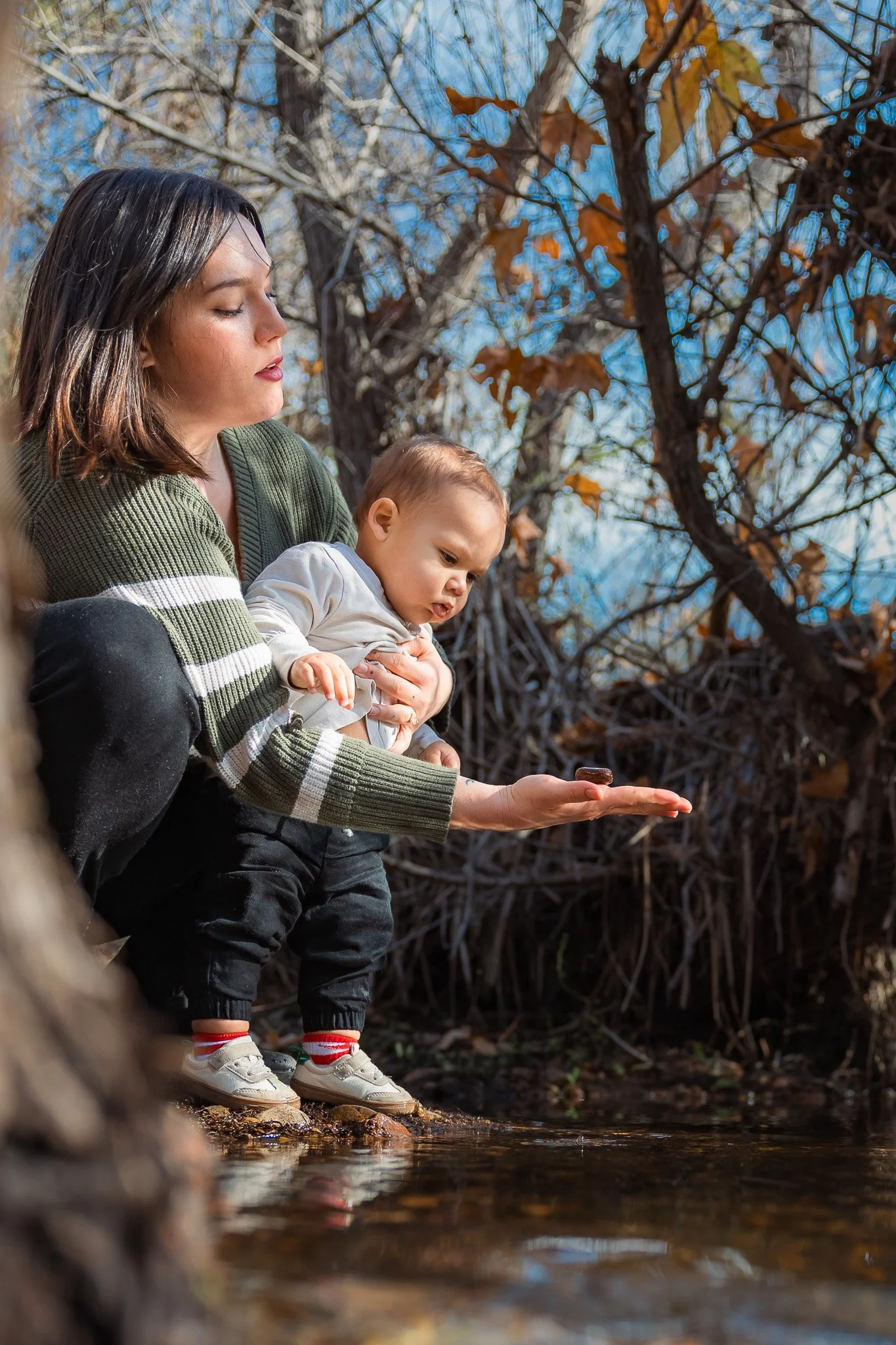 Mom and Baby Discovering Rock at Creek's Edge, San Diego Documentary Family Photography